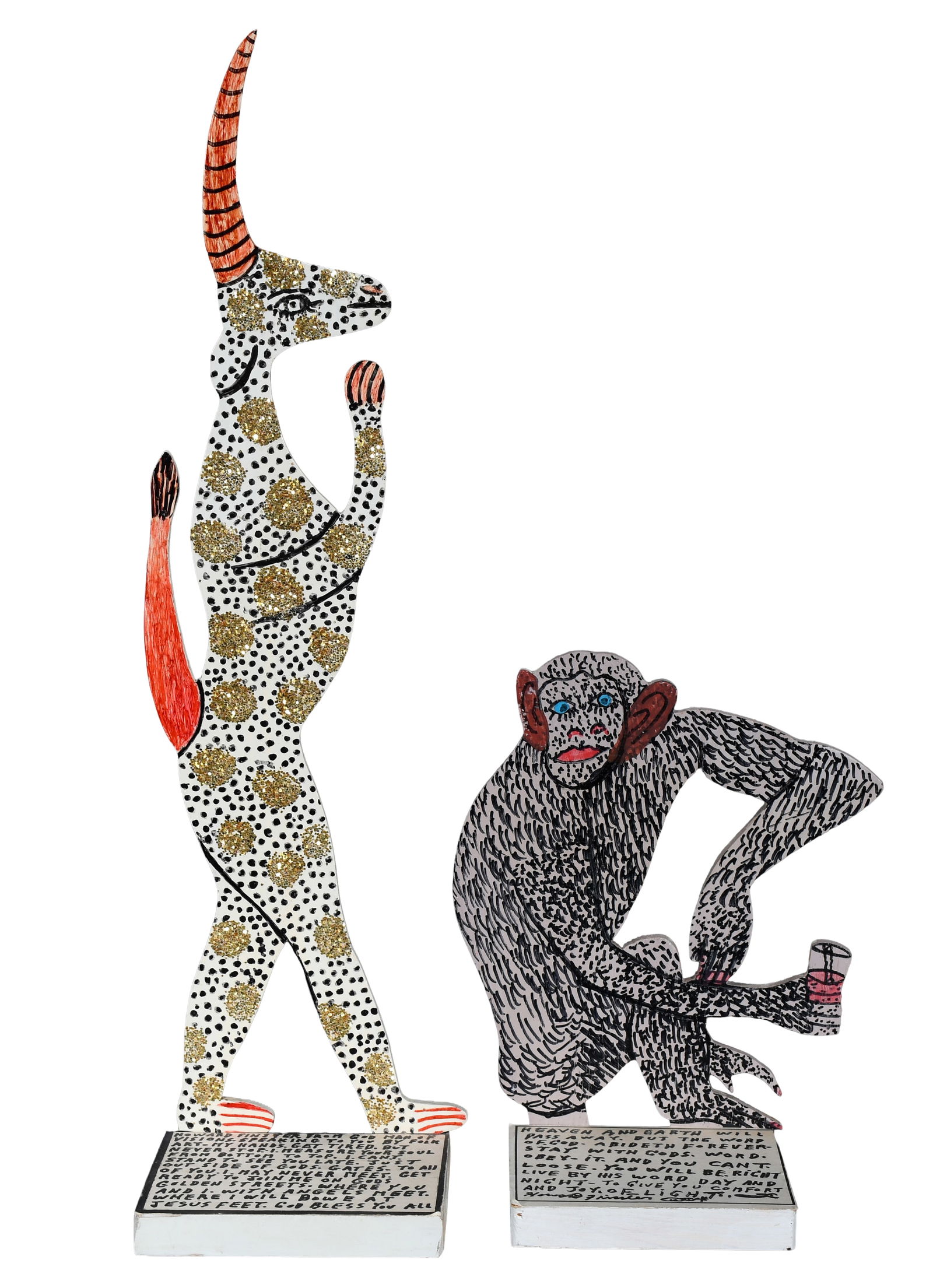 Howard Finster. Pair of Works.: Howard Finster. Pair of Works. 1993-1996. #30,571 and 39,500. Paint on cutout wood with glitter. Excellent condition. Largest is 29" h. Est. $300-500. Ship: $65 Please Read Before You Bid: By register