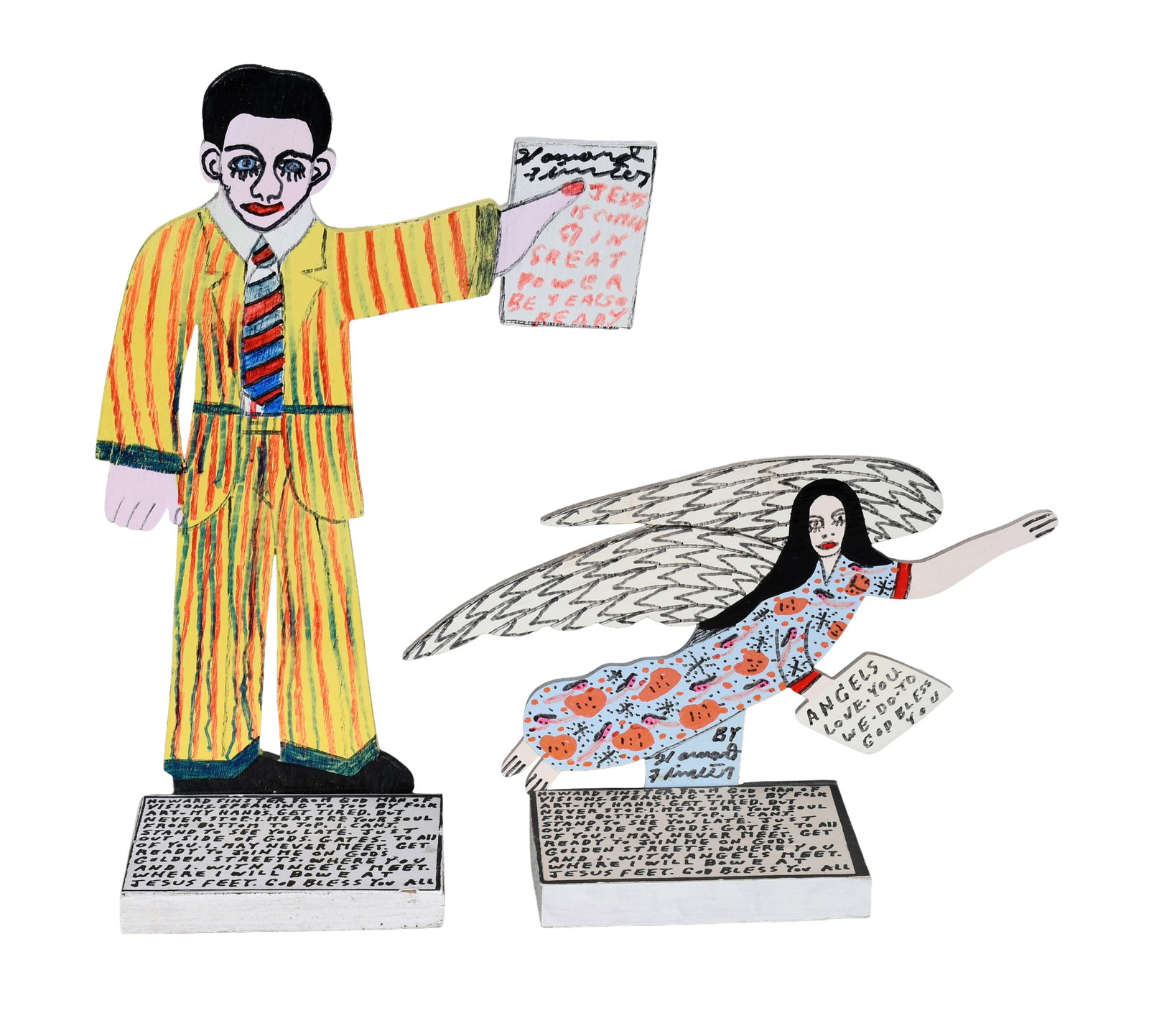 Howard Finster. Pair of Works - Angel and Self Portrait: Howard Finster. Pair of Works - Angel and Self Portrait. 1994 & 1999. #35,062 and #45,189. Signed, dated and numbered. Carved and painted wood. Excellent condition. Tallest is 13" h. Est. $500-800. Sh