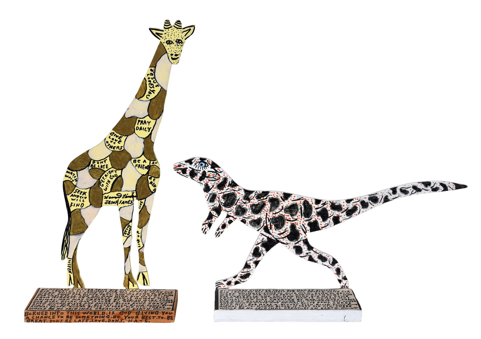 Howard Finster. Pair of Works - Giraffe and Dinosaur.: Howard Finster. Pair of Works - Giraffe and Dinosaur. 1990 & 1994. #16,261 and #33,219. Signed, dated and numbered. Carved and painted wood. Excellent condition. Tallest is 18" h. Est. $500-800. Ship: