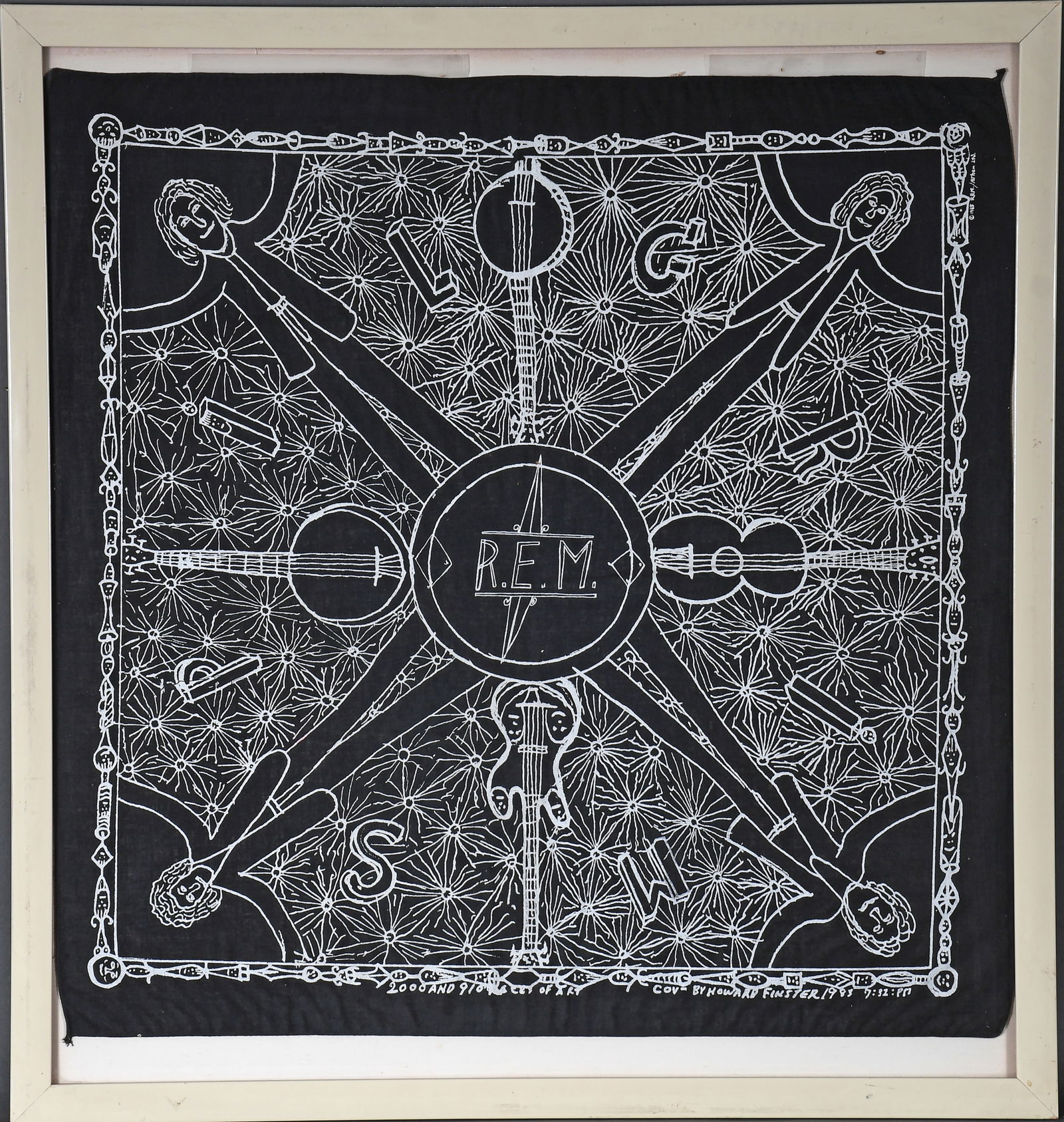 Howard Finster. REM Printed Cotton Bandana.: Howard Finster. REM Printed Cotton Bandana. Printed by REM Athens, LTD. Image is from 1983, #2,910. Excellent condition. 25" w x 23.5" h including frame. Provenance: The Personal Collection of Richard