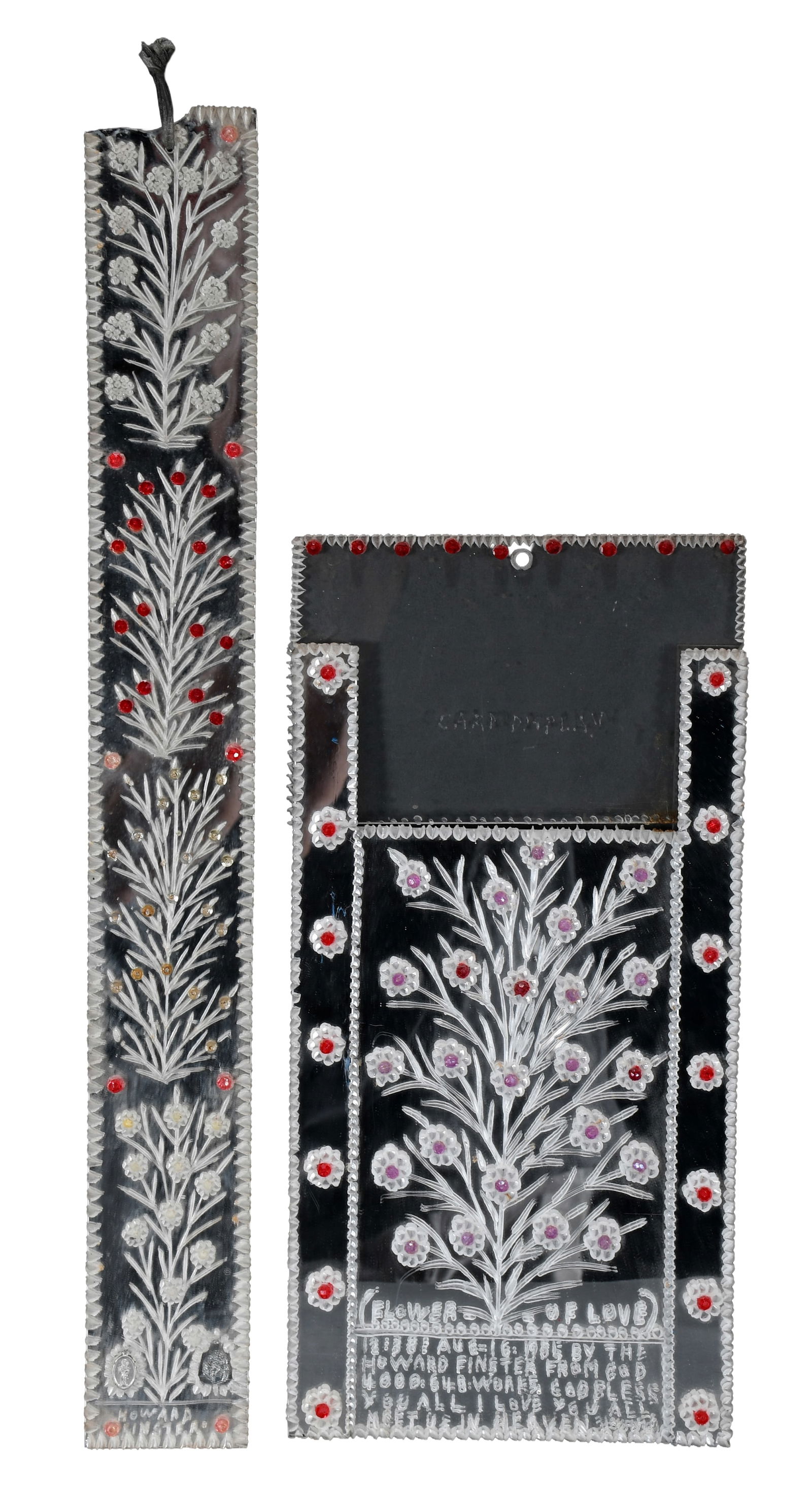 Howard Finster. Pair of Decorated Plexiglass Displays.: Howard Finster. Pair of Decorated Plexiglass Displays. Signed. 1985. #4,648. Both are signed. One also has date and number. Burned Plexiglas with attached plastic jewels. Tallest has a chip at top, ot