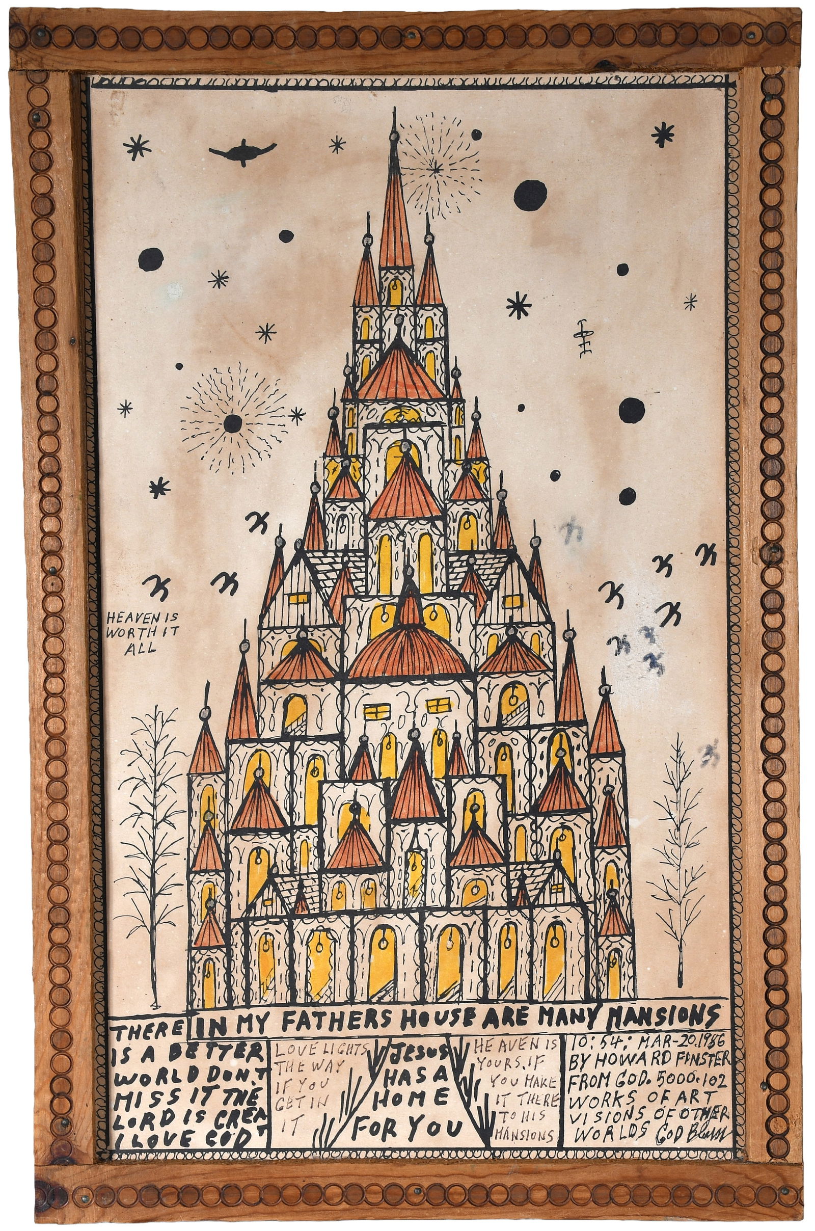 Howard Finster. In My Father's House Embellished print. #5,102.: Howard Finster. In My Father's House...Embellished print. 1986. #5,102. The print is signed, dated, titled and numbered. Artist -made frame. Good to fair condition overall. 10" w x 15" h including fra