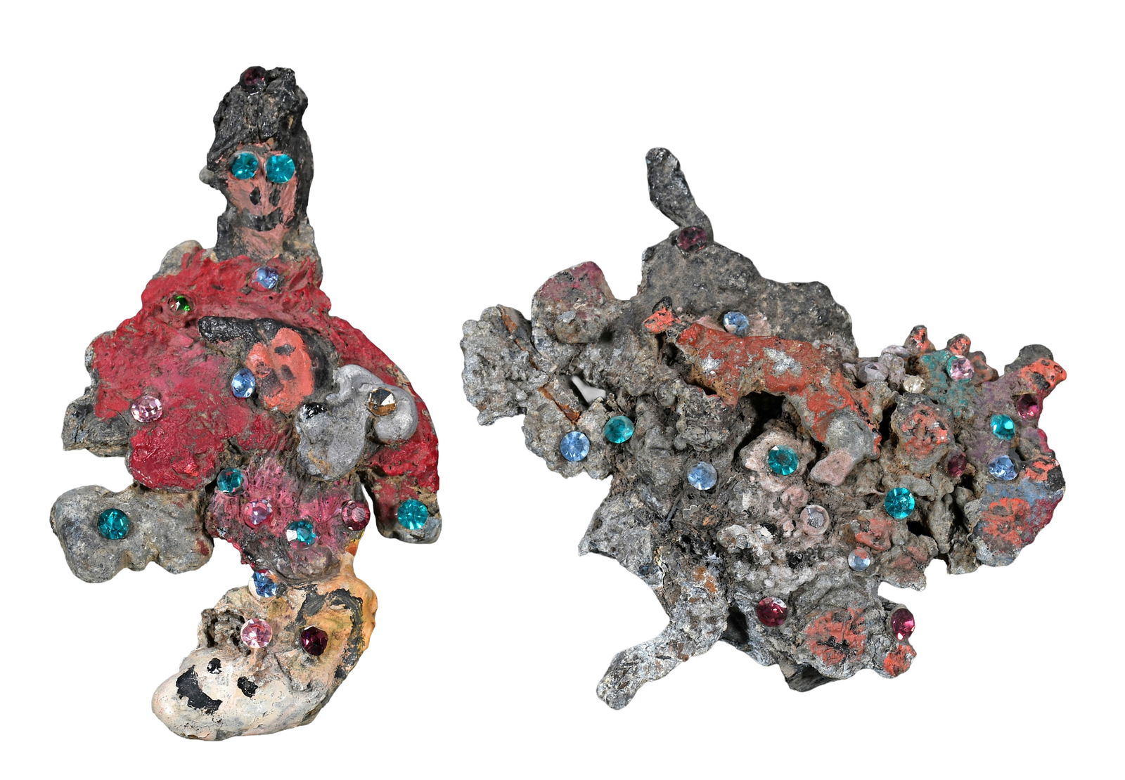 Howard Finster. Molten Metal Abstract Art.: Howard Finster. Molten Metal Abstract Art. Not signed or numbered. Paint and costume jewelry on melted metal. Good condition. Average is 6" x 3". Provenance: Phyllis Kind Gallery. Est. $300-500. Ship: