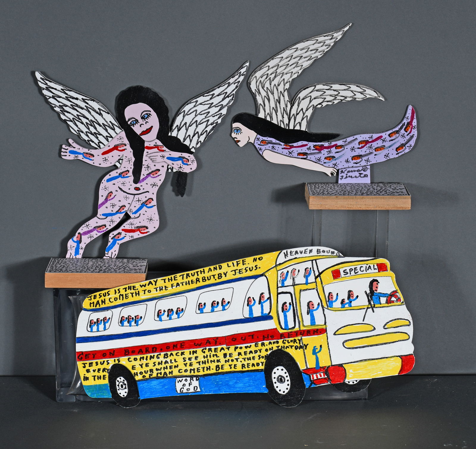 Howard Finster. Bus and Two Angel Cutouts.: Howard Finster. Bus and Two Angel Cutouts. 1998-1999. Bus - #43,610; Baby Angel - #43,871; Flying Angel - #45,232. Signed, dated, and numbered. Paint and marker on cutout board. Excellent condition. L