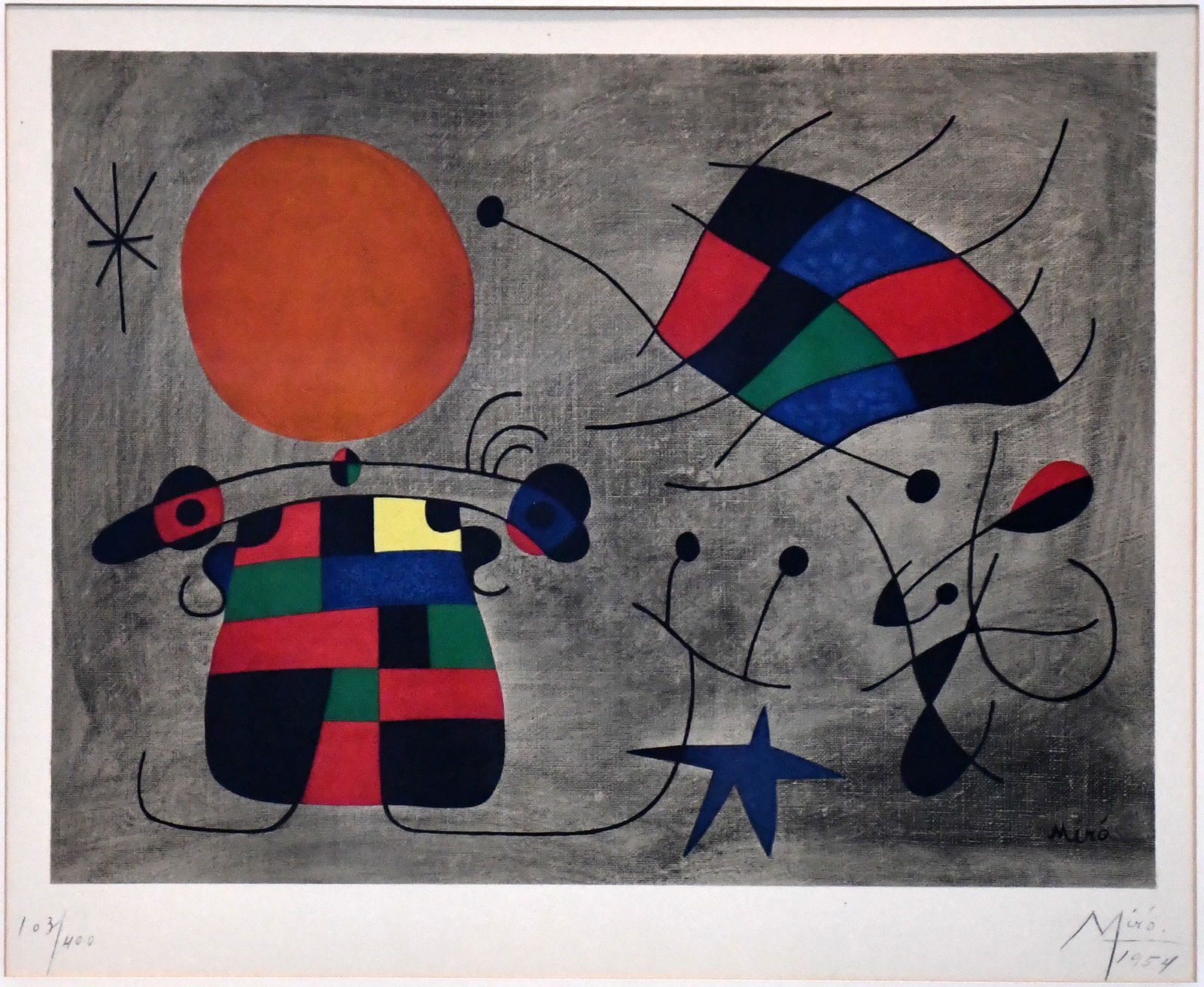Joan Miro. Abstract Boy with Kite.: Joan Miro. Abstract Boy with Kite. 1954. Signed, dated and numbered. 103/400. Excellent condition. Visible image is 19" w x 16" h. Frame is 28" w x 25" h. Est. $1,000-2,000. Ship: $100 Please Read Bef