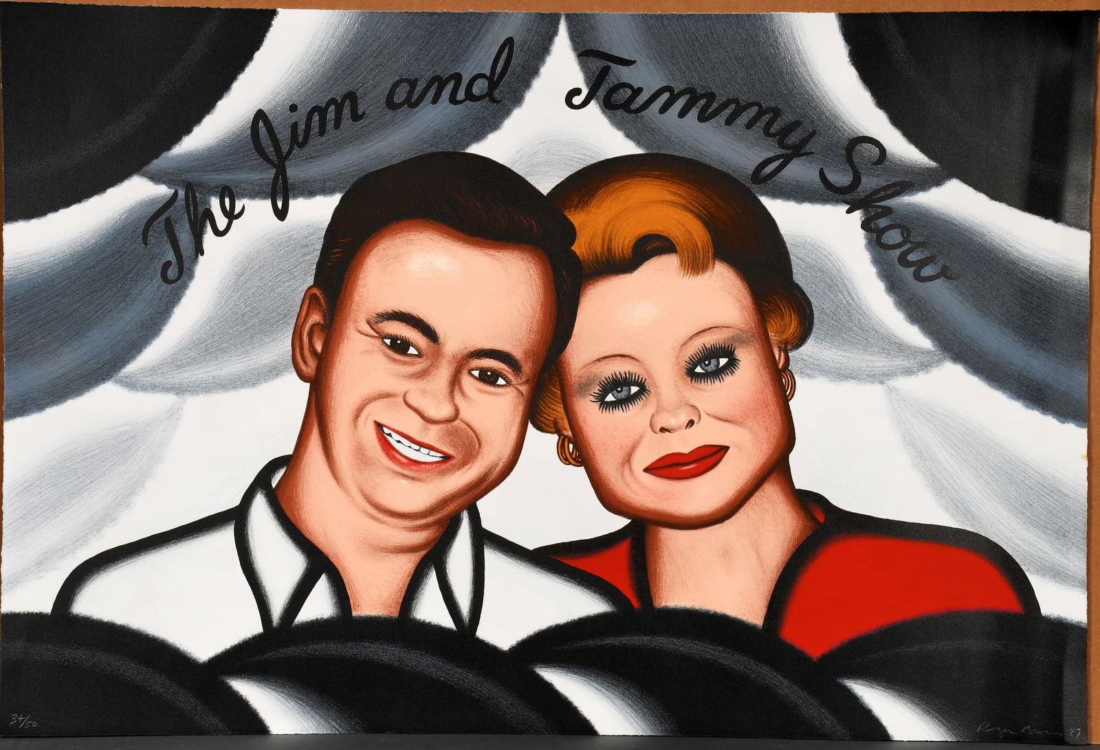 Roger Brown. The Jim and Tammy Show 34/50.: Roger Brown. The Jim and Tammy Show. 1987. 34/50 Signed, dated and numbered. Silkscreen print. Excellent condition. 32" w x 22" h. Provenance: Phyllis Kind Gallery. Est. $300-500. Ship: $85 Please Rea