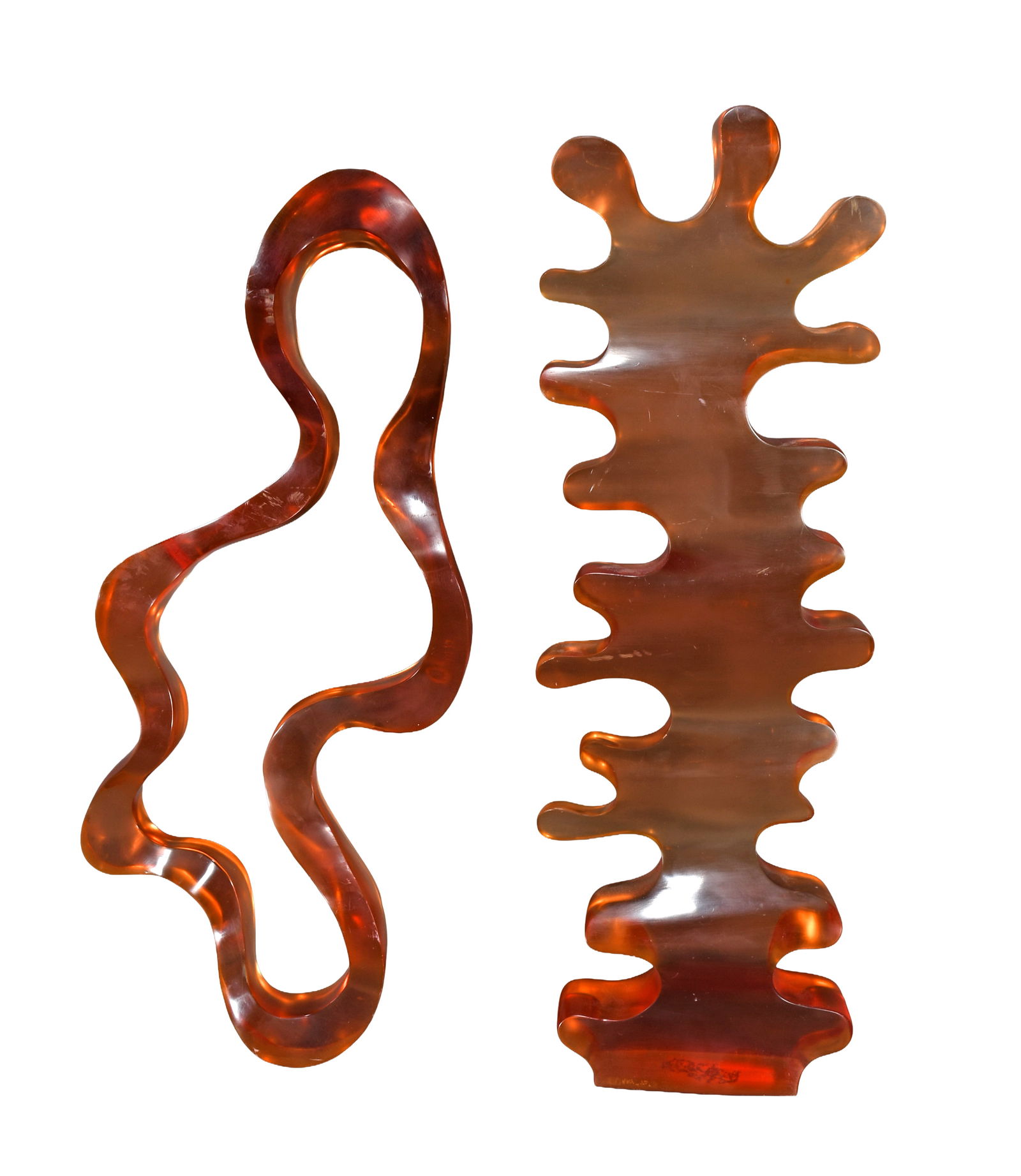 Steven Jay Urry. Pair of Biomorphic forms: Steven Jay Urry. Pair of Biomorphic forms. 1972. Signed and dated. Sculpted acrylic. Minor wear, otherwise great condition. Average is 18" h. Provenance: Phyllis Kind Gallery. Est. $300-500. Ship: $85
