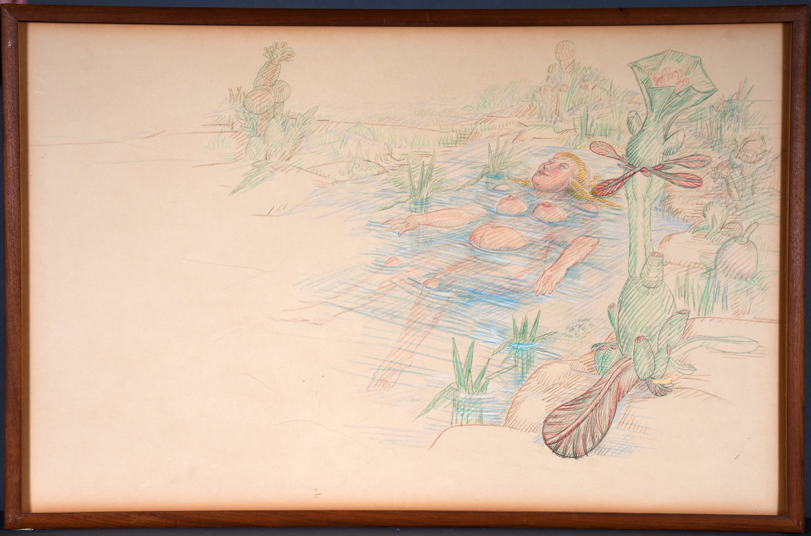 Susan Hall. Tits Up.: Susan Hall. Tits Up. Not signed. Colored pencil and crayon on paper backed to foam board. One inch section missing lower right bottom of cactus and small scratch on lower right. 36" w x 34" h includin