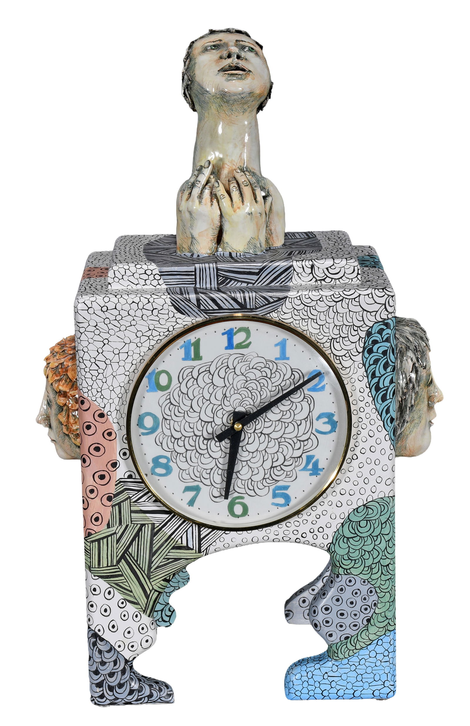 Mary Lou Higgins. A Very Important Time.: Mary Lou Higgins. A Very Important Time. 1989. Signed, dated and titled. Painted ceramic and wood with mixed media construction. Excellent condition. 13.5" w x 21.5" h x 7" d. Est. $100-200. Ship: