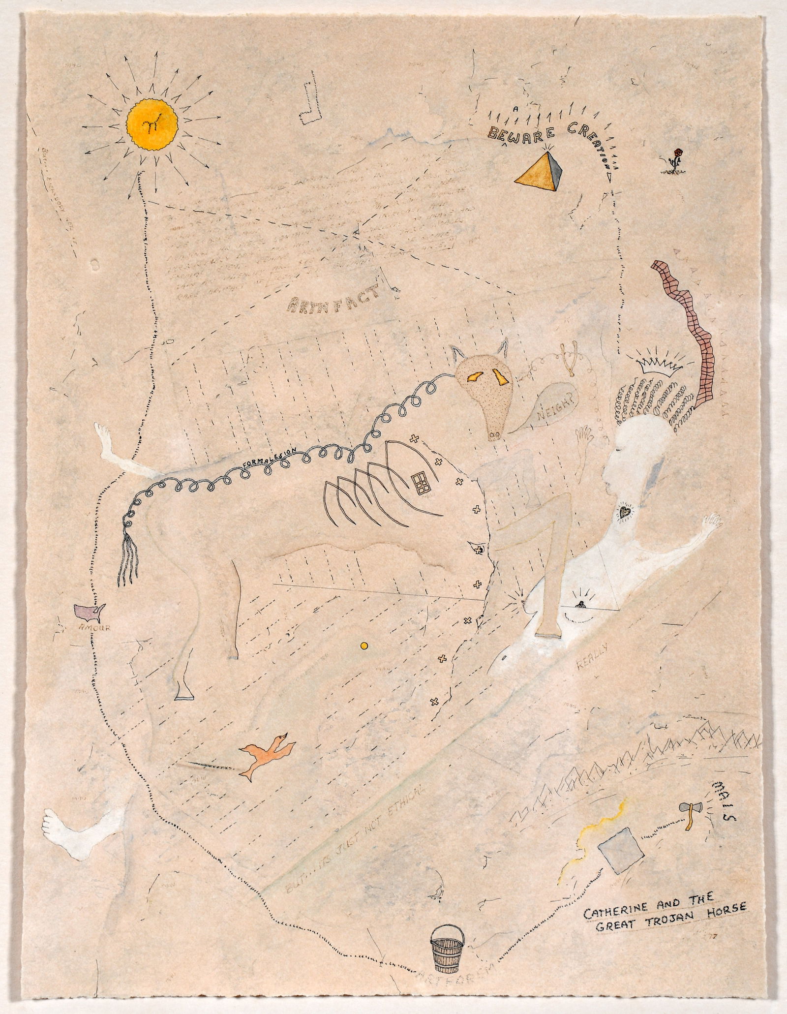 John Pitman. Catherine and the Great Trojan Horse.: John Pitman. Catherine and the Great Trojan Horse. Titled. Graphite and paint on paper. Excellent condition. Image is 9" w x 12" h. Frame is 14" w x 17" h. Provenance: Phyllis Kind Gallery. Est.