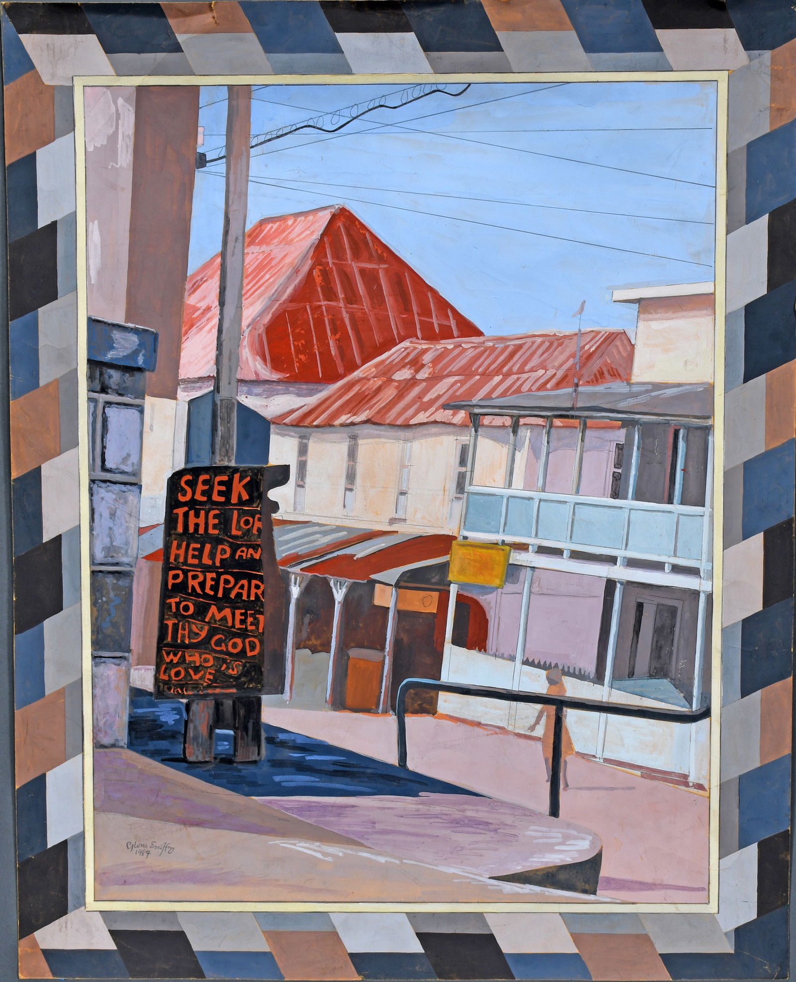 Glona Estfrey. Painting of Broken Religious Sign.: Glona Estfrey. Painting of Broken Religious Sign. 1984. Signed and dated (but difficult to read. Paint on paper. Tear at top left, some surface grime, otherwise good condition. 20" w x 25" h.