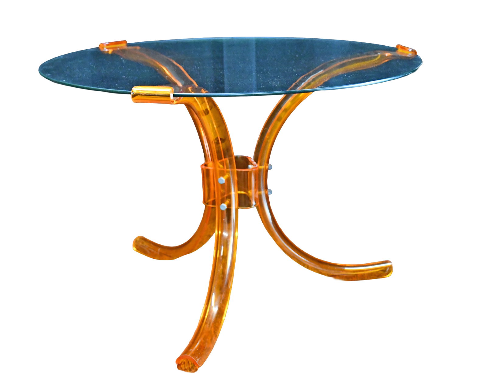 Modern 70's. Plastic Base Coffee Table with glass and plastic.: Anonymous Modern 70's. Plastic Base Coffee Table with glass and plastic. Legs need T.L.C., otherwise good condition. 19" h x 27" d. Est. $50-75. Buyer is responsible for shipping. Please Read Before Y