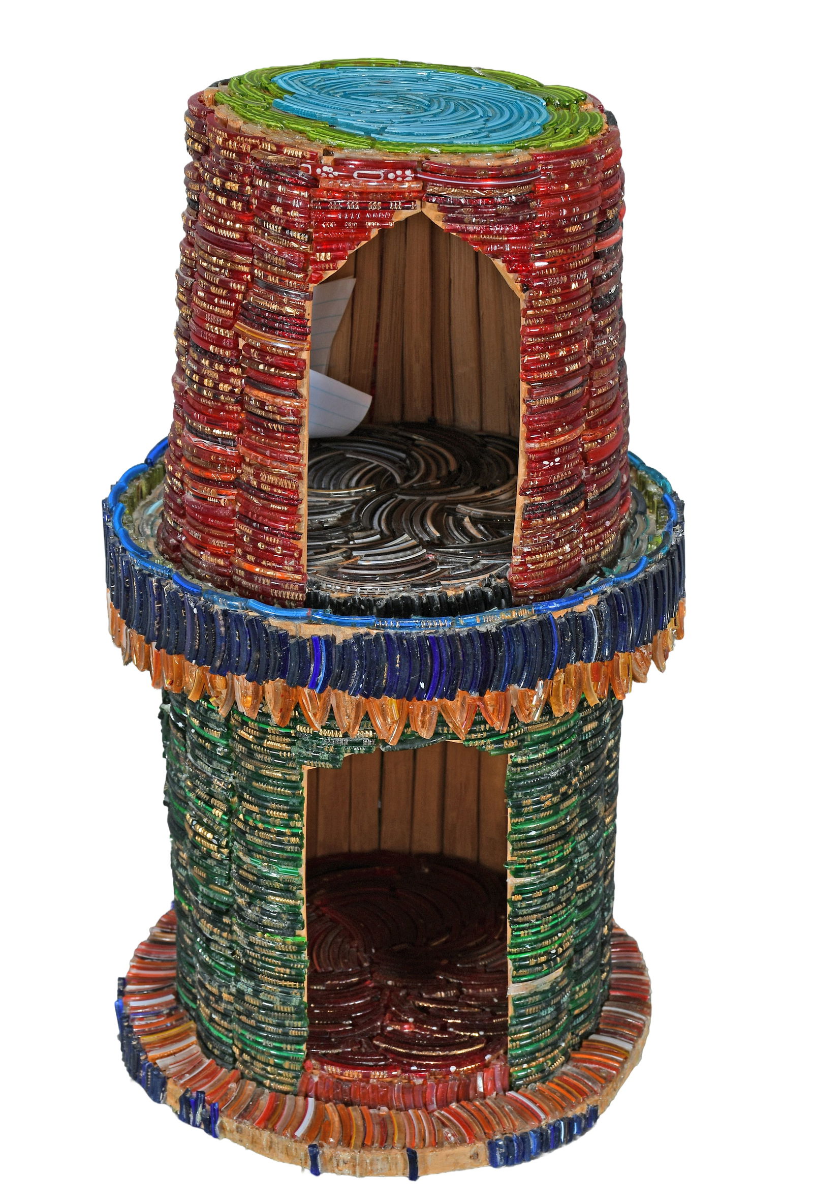 Glass Beaded Birdhouse.: Unknown Artist. Glass Beaded Birdhouse. Not signed or dated. Glass beads glued to wooden construction. Lots of loss, poor condition. 14" h. Provenance: Phyllis Kind Gallery. Est. $25-50. Ship: $65 