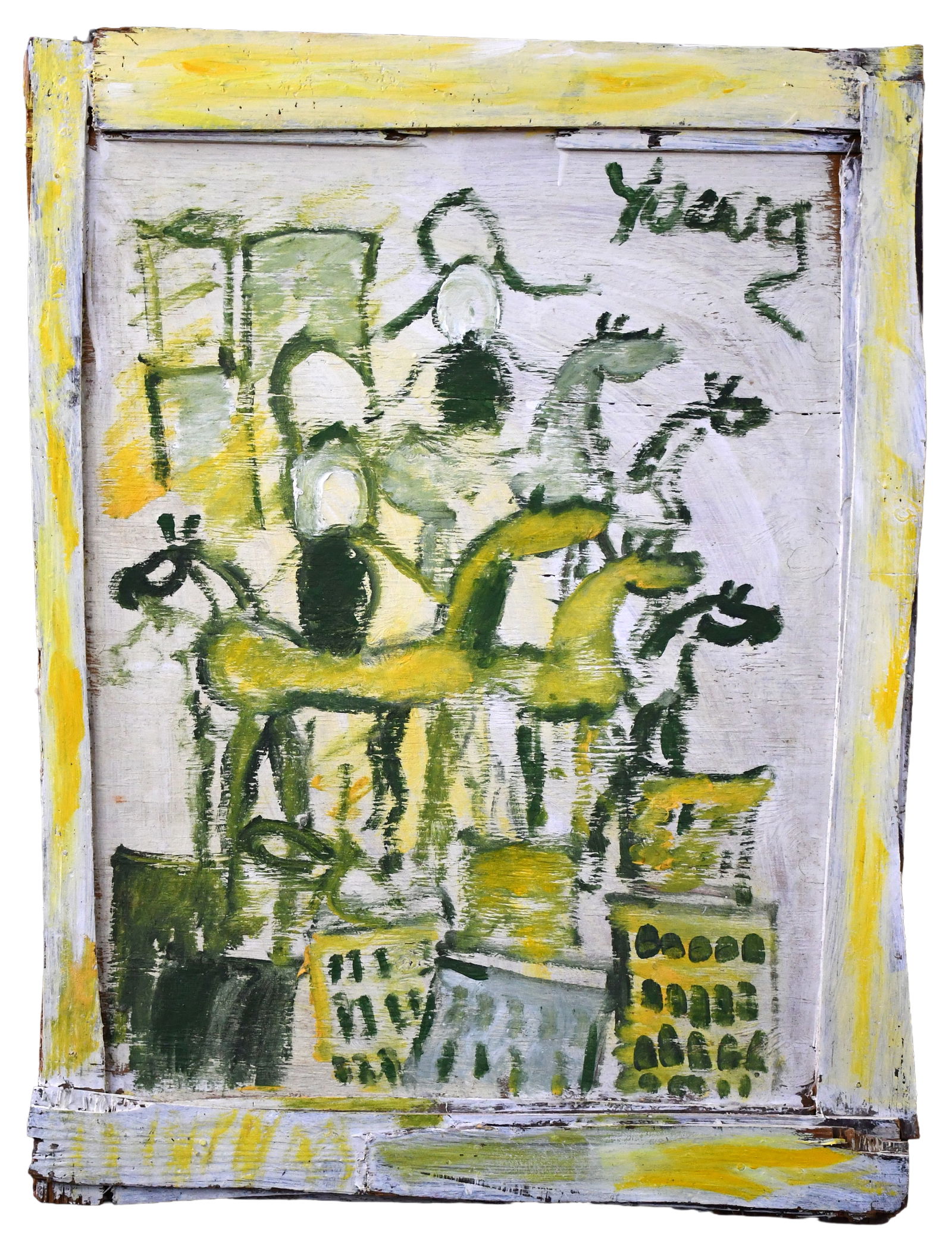 Purvis Young. Horses Over the City.: Purvis Young. Horses Over the City. Signed. Paint on found board. Great environmental condition. Size with artist made frame is 27" w x 36" h. Est. $1,000-2,000. Ship: $100 Please Read Before You