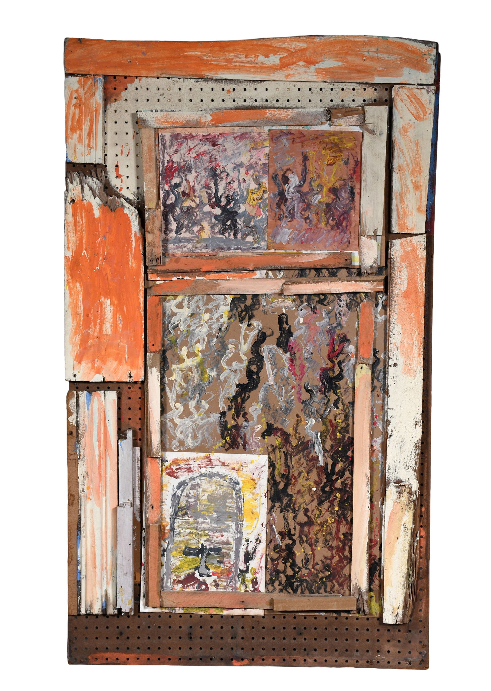 Purvis Young. Confusin City.: Purvis Young. Confusin City. c. 1990. Not signed. Paint on mixed media backed to found peg board paneling. Good environmental condition. 34.5" w x 59" h. Provenance: Joy Moos Gallery, James Fuentes
