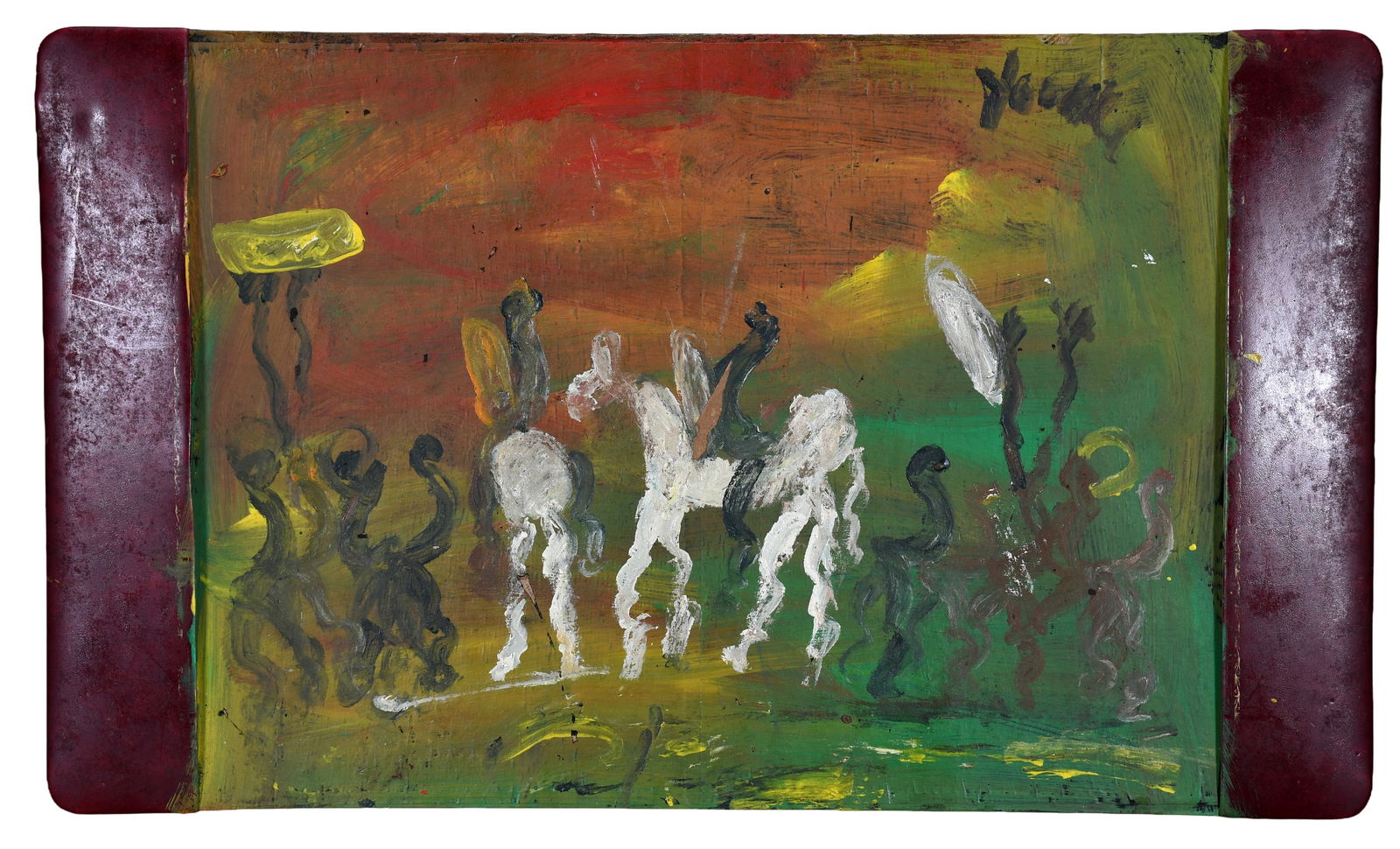 Purvis Young. Warrior on Horseback.: Purvis Young. Warrior on Horseback. Signed. Paint on found cardboard desk blotter. Missing section middle and large scratch. Overall good to fair condition. 34" w x 20" h. Provenance: The Joy Moos