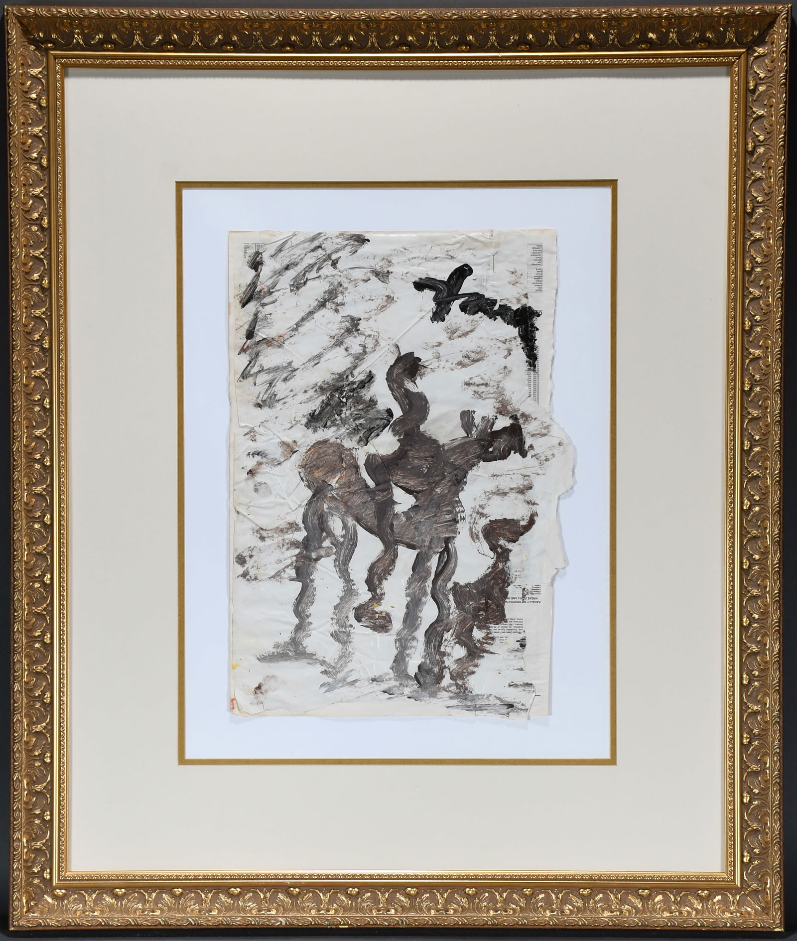 Purvis Young. Pregnant Woman On Horseback.: Purvis Young. Pregnant Woman On Horseback. Signed. Paint on scrap paper. Good condition. Image is 14" w x 21" h. Frame is 32" w x 38" h. Est. $300-500. Buyer is responsible for shipping. Please Read B