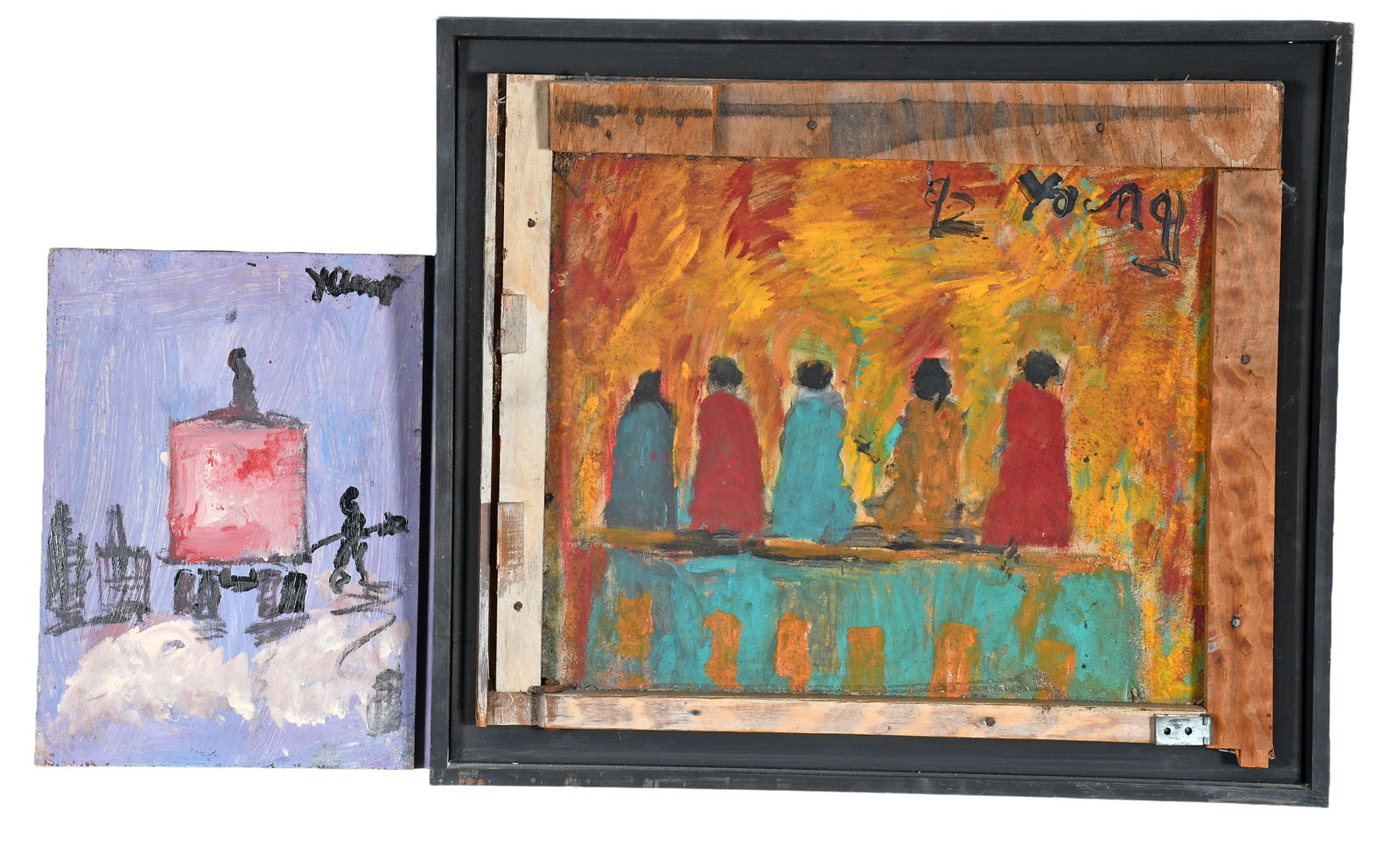 Purvis Young. Up On The Roof and Truck. Two Small Works.: Purvis Young. Up On The Roof and Truck. Two Small Works. One is dated 1992. Signed. Paint on found boards. Excellent environmental condition. Largest with frame is 24" w x 21" h. Provenance: Joy Moos