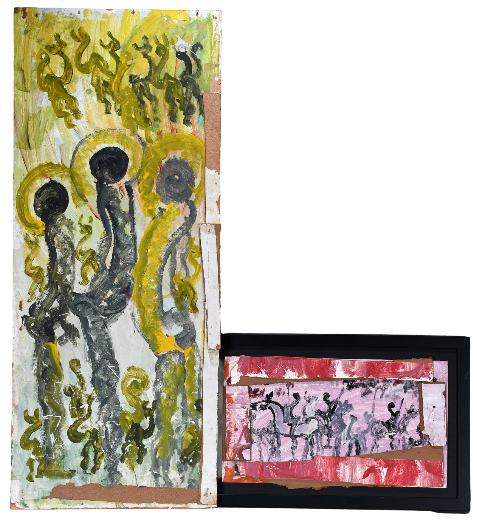 Purvis Young. Pair of Paintings.: Purvis Young. Pair of Paintings. Unsigned. Paint on found material. Surface grime and wear. Largest is 20" w x 48" h. Est. $300-500. Ship: $150 Please Read Before You Bid: By registering for