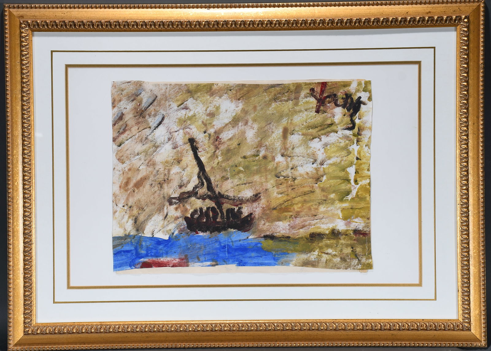 Purvis Young. Sailboat.: Purvis Young. Sailboat. Signed. Paint on scrap paper. Good condition. Image is 22" w x 16" h. Frame is 40" w x 29" h. Est. $200-400. Ship: $300 Please Read Before You Bid: By registering for