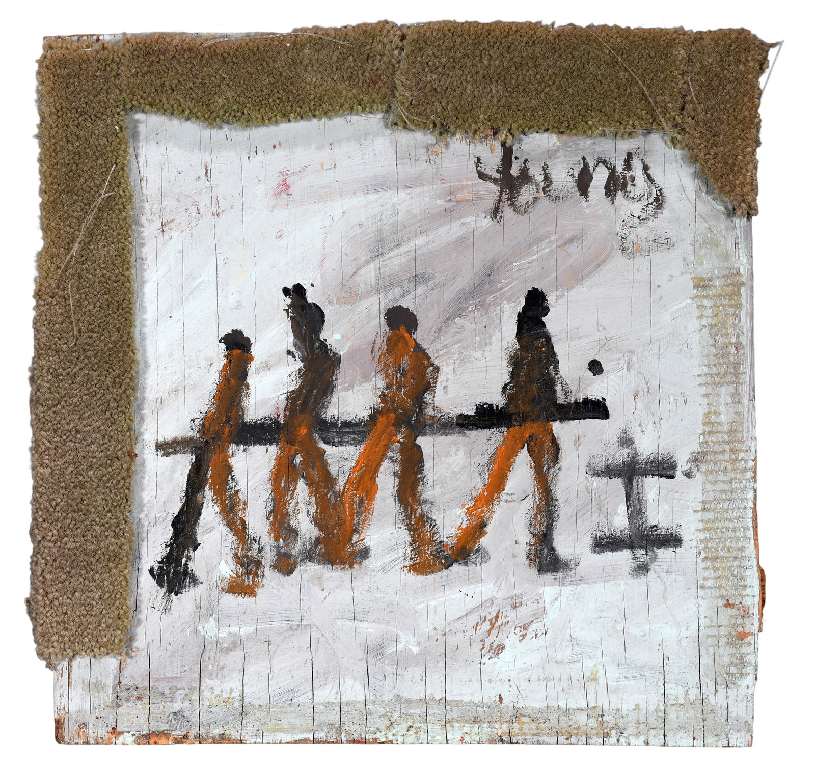 Purvis Young. Four Man Procession.: Purvis Young. Four Man Procession. c. 1996. Signed. Paint and carpet fragments on found board. Missing part of carpet frame otherwise great condition. 15" w x 15" h. Provenance: ex. Enrique Govantes,