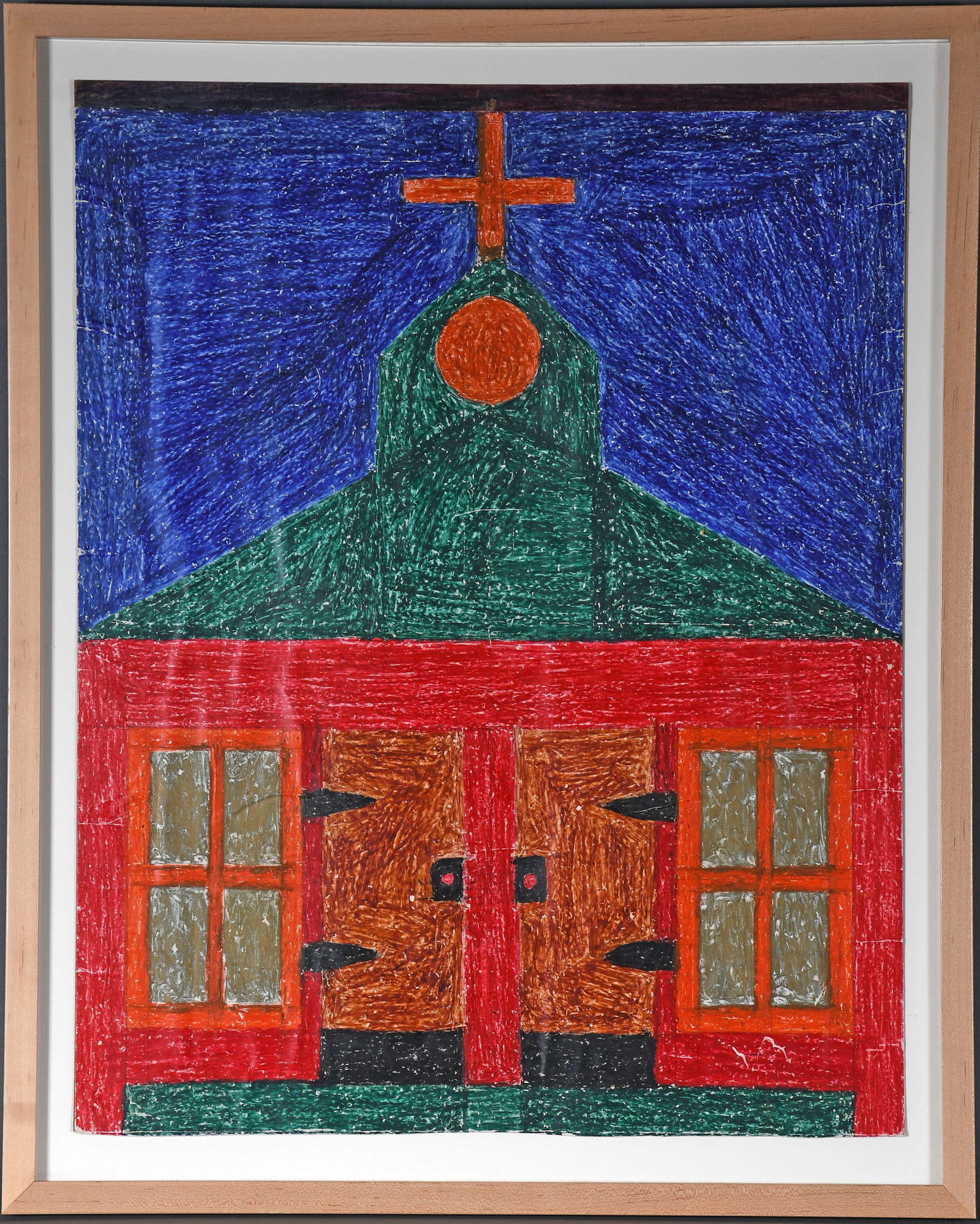 Eddie Arning. Church.: Eddie Arning. Church. Craypas and crayon on cardstock. Possibly signed and numbered on verso. Minor imperfection on cardstock, otherwise great condition. Image is 19" w x 24" h. Frame is 22" w x 28"