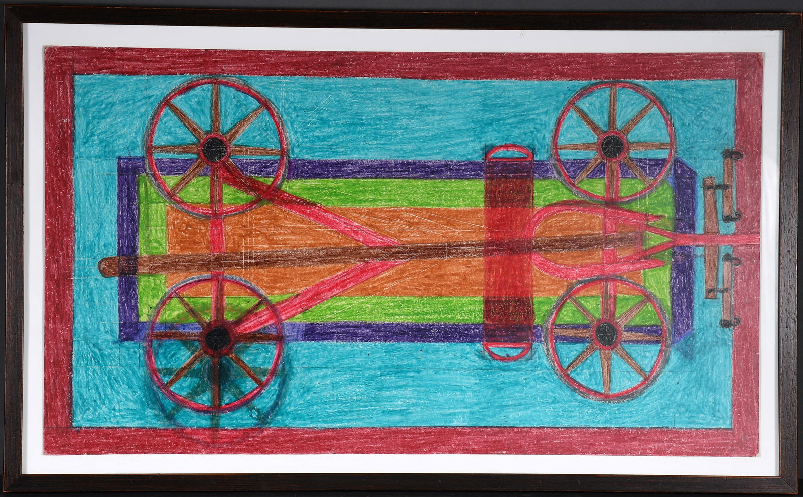 Eddie Arning. Wagon.: Eddie Arning. Wagon. Possibly signed and numbered on verso. Craypas on large found cardstock. Minor wrinkles at corners, otherwise great condition. Image is 30" w x 17" h. Frame is 33" w x 20" h. Prov