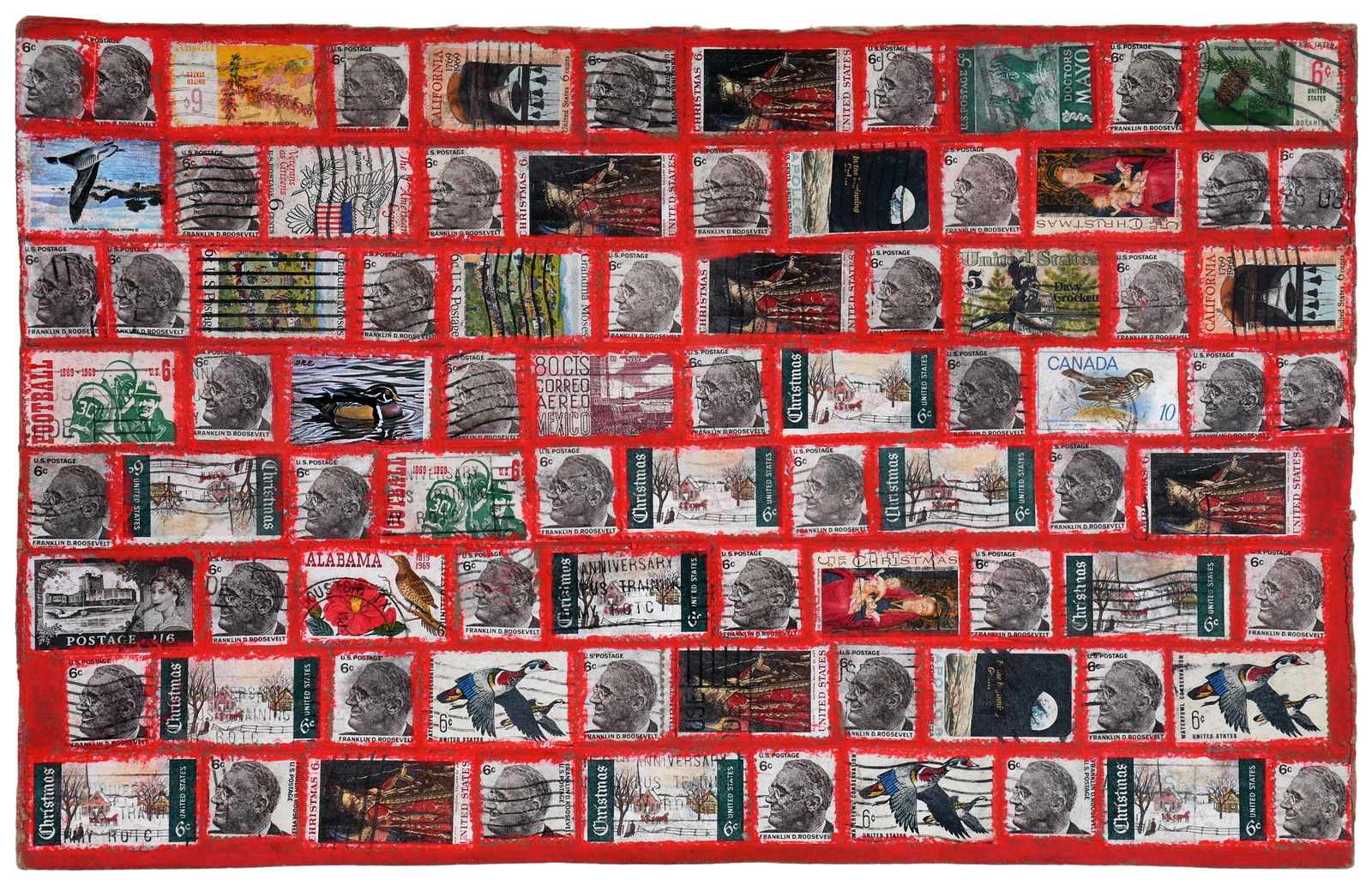 Eddie Arning. Postage Stamp Collage.: Eddie Arning. Postage Stamp Collage. c. 1960's. Stamps backed to cardstock. Excellent condition. Image is 13.5" w x 8.5" h. Frame is 25" w x 20.5" h. Est. $500-800. Ship: $65 Please Read Before You Bi