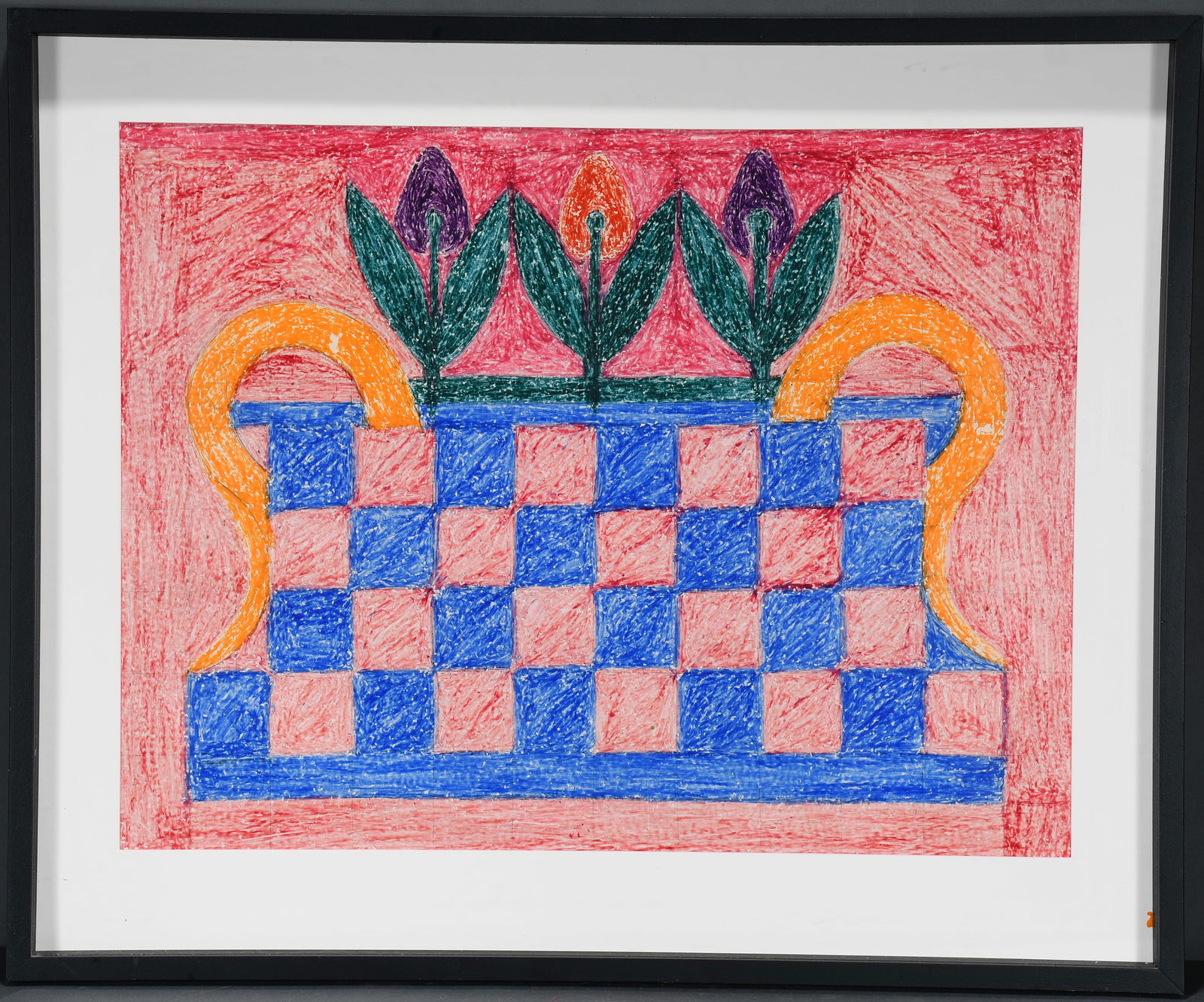 Eddie Arning. Checkerboard Planter.: Eddie Arning. Checkerboard Planter. #451. Possibly signed on verso. Crayon on paper. Slight fading, otherwise good condition. Image is 23" w x 18" h. Frame is 29" w x 24" h. Provenance: The Richard Ga