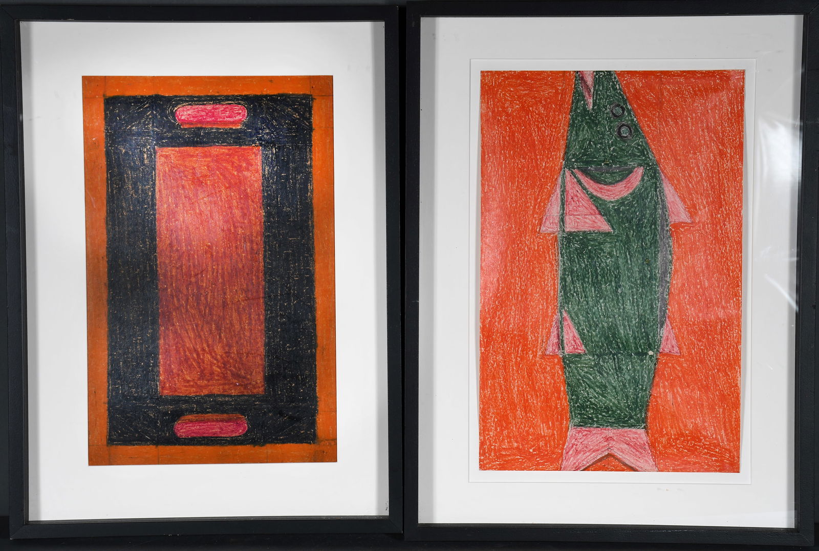 Eddie Arning. Tray and Fish. Pair of Works.: Eddie Arning. Tray and Fish. Pair of Works. #390 and #507. Possibly signed on verso. Crayon on paper. Excellent condition. Image is 16" x 11" each. Frame is 22" x 17" each. Provenance: The Richard
