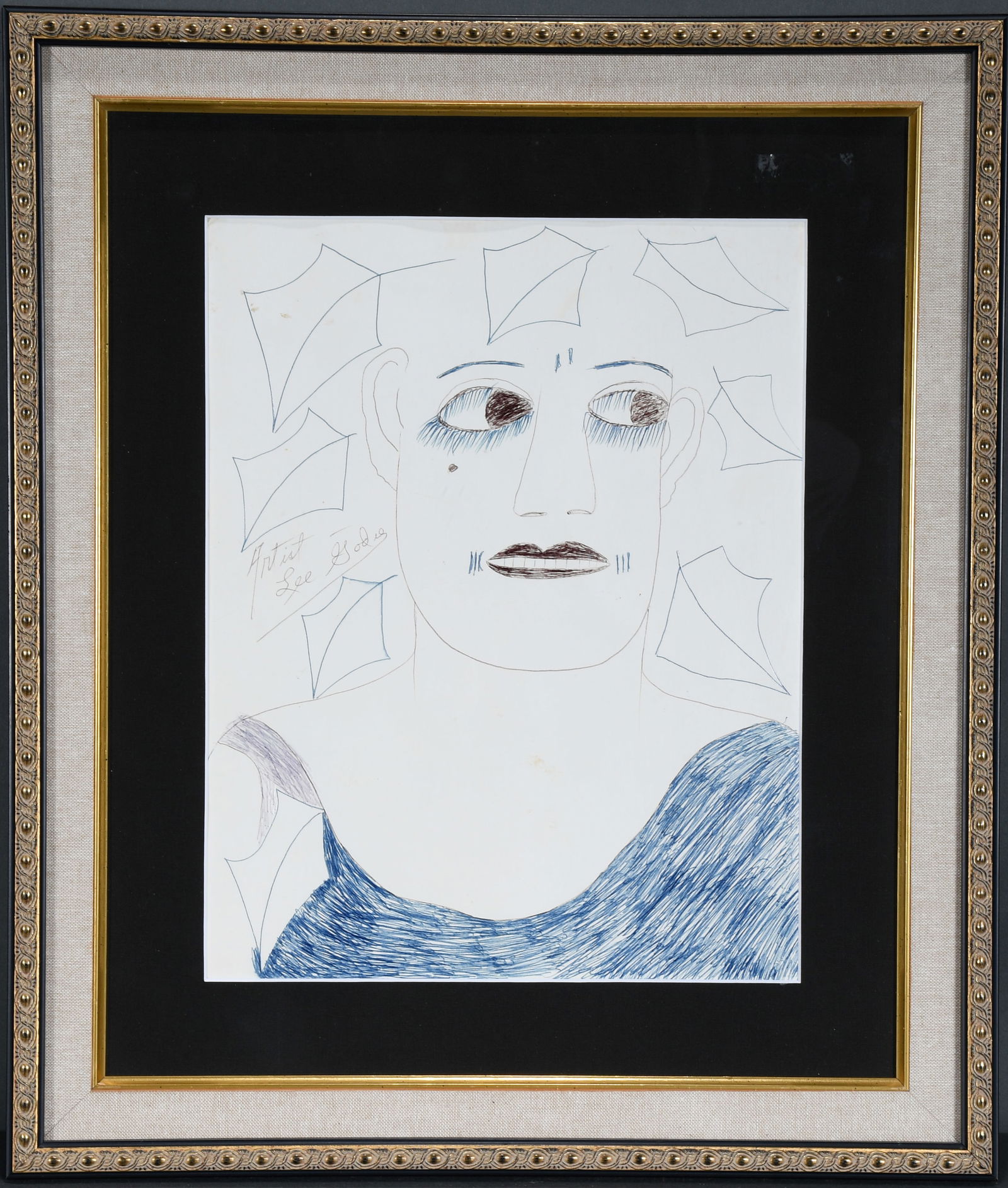 Lee Godie. Lady with Blue Blouse.: Lee Godie. Lady with Blue Blouse. Signed. Ink on cardstock. Excellent condition. Image size is 10.5" w x 13.5" h. Size with frame is 18" w x 20" h. Est. $800-1,200. Ship: $55 Please Read Before You