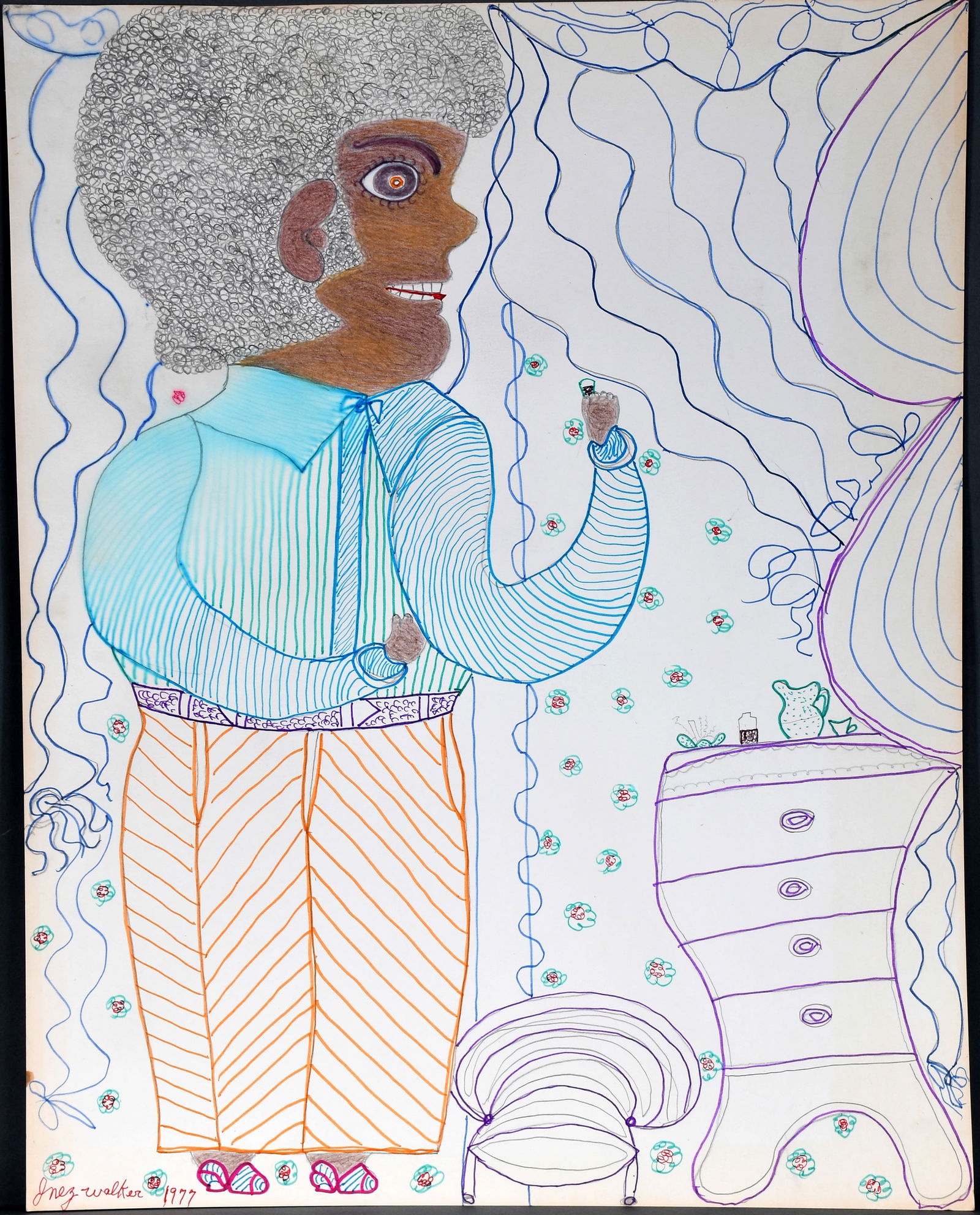 Inez Nathaniel Walker. Man with Dresser.: Inez Nathaniel Walker. Man with Dresser. 1977. Signed and dated. Marker, colored pencil and graphite on paper. Minor moisture bleeding and toning around edges otherwise great condition. 22" w x 28" h.