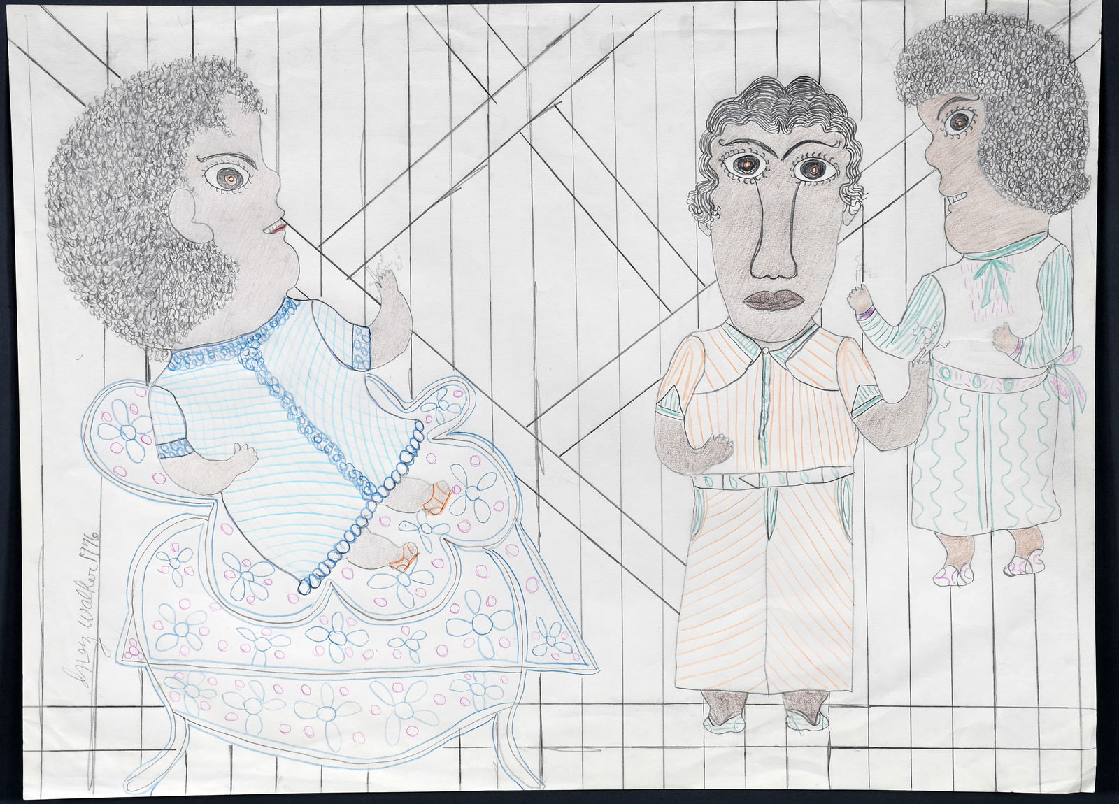 Inez Nathaniel Walker. Bad Girls Smoking Cigarettes.: Inez Nathaniel Walker. Bad Girls Smoking Cigarettes. 1976. Signed and dated. Colored pencil on paper. Excellent condition. 30" w x 22" h. Provenance: Phyllis Kind Gallery. Est. $1,000-2,000. Ship: $85