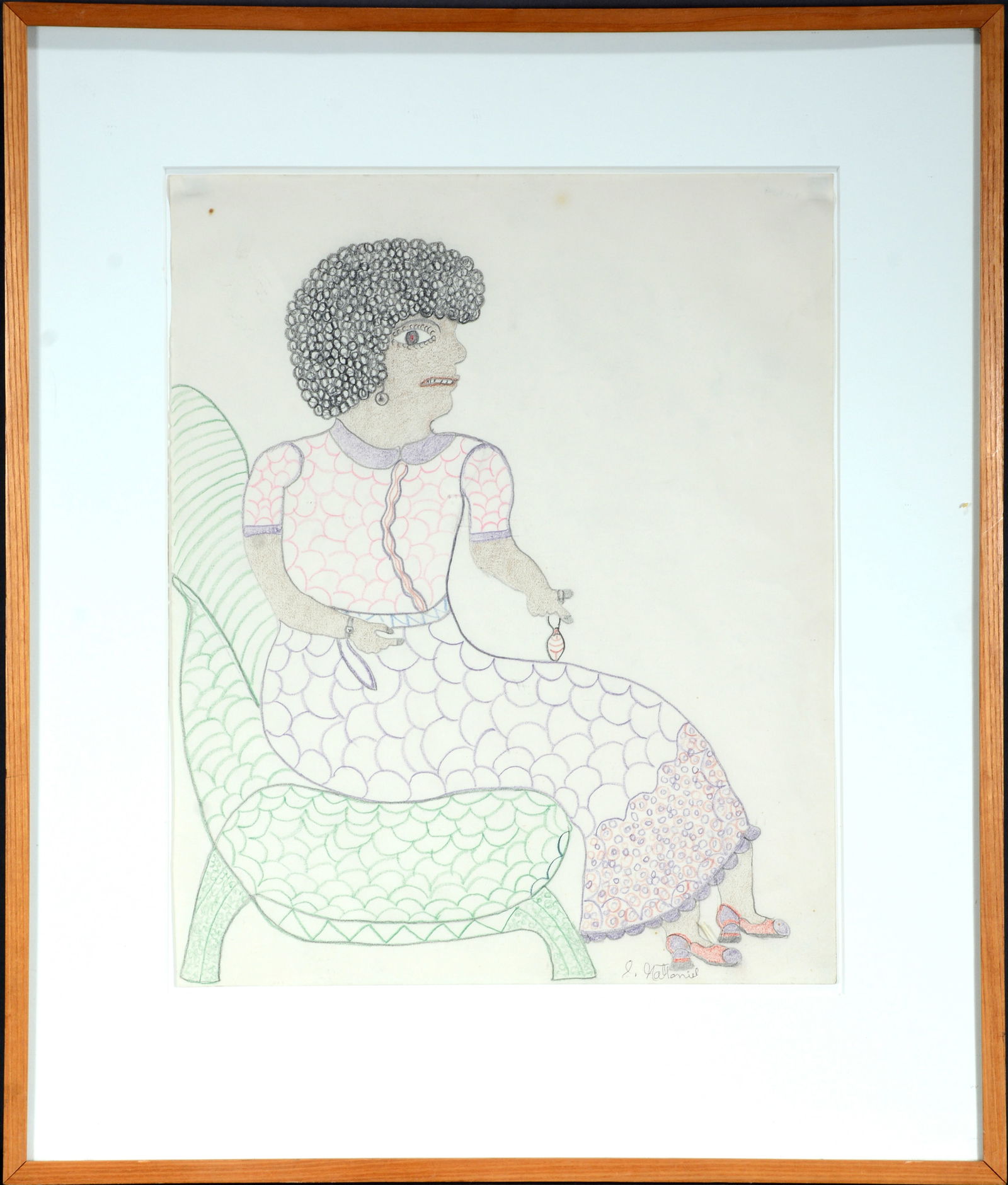 Inez Nathaniel Walker. Seated Woman.: Inez Nathaniel Walker. Seated Woman. c. 1970's. Signed. Graphite and colored pencil on paper. Excellent condition. Image is 14" w x 17" h. Frame is 21" w x 25" h. Provenance: Janet Fleisher Gallery. E