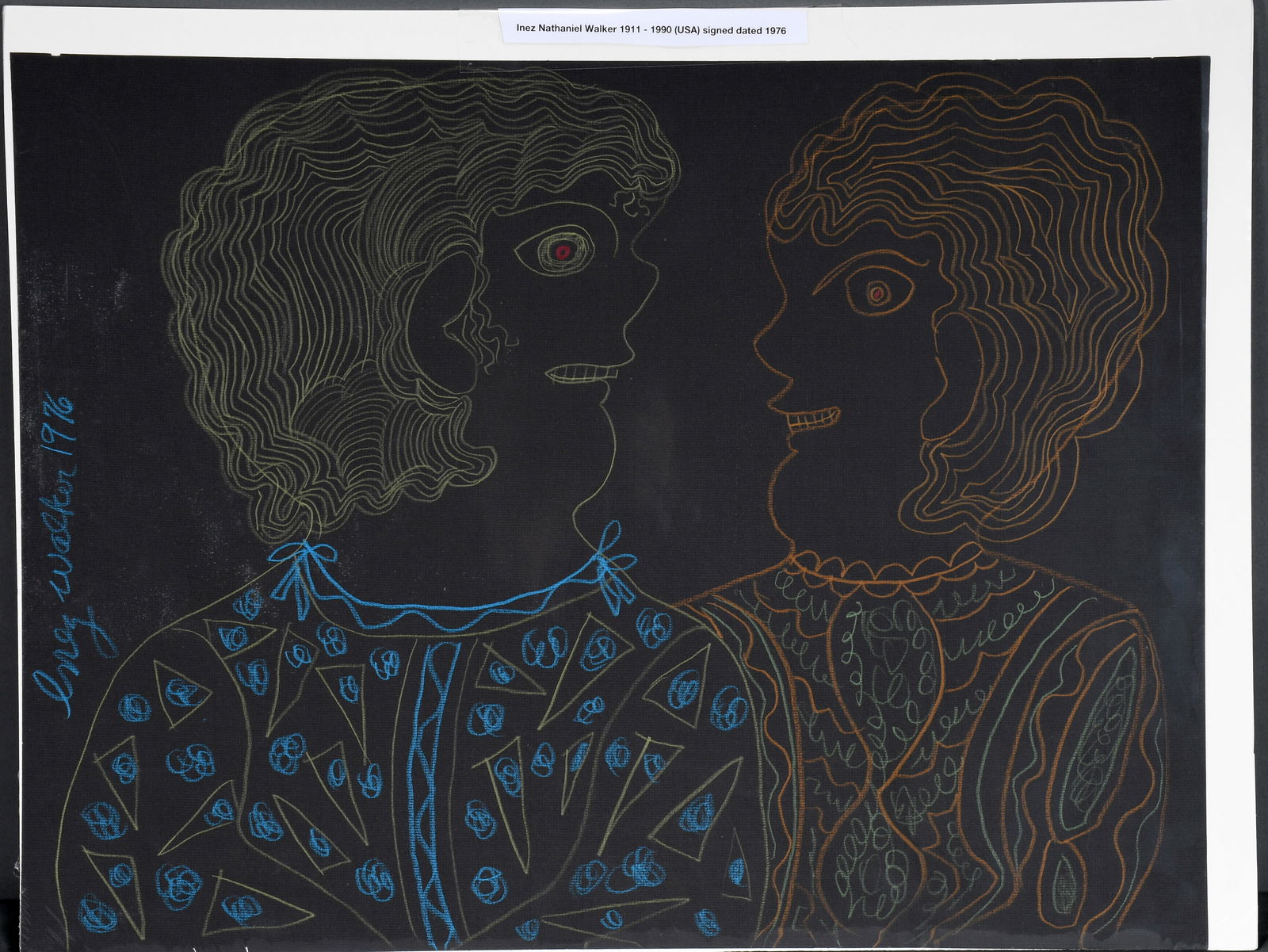 Inez Nathaniel Walker. Portrait Silhouette on Black Paper.: Inez Nathaniel Walker. Portrait Silhouette on Black Paper. 1976. Signed and dated. Craypas on tar paper. Excellent condition. 24" w x 18" h. Est. $300-500. Ship: $55 Please Read Before You Bid: By