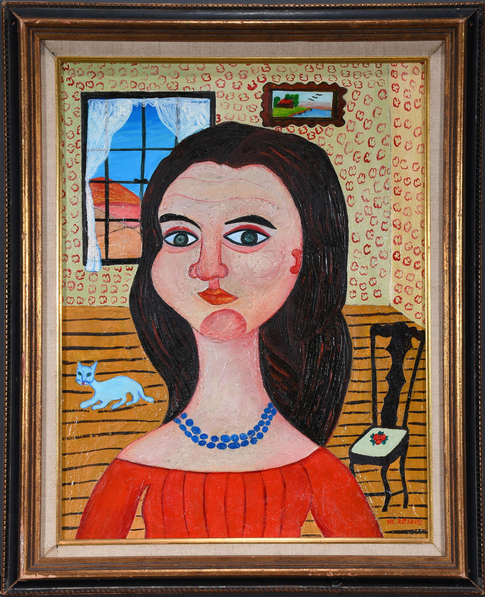 Malcah Zeldis. Self-Portrait.: Malcah Zeldis. Self-Portrait. Signed. Oil on canvas panel. Excellent condition. Frame is 18" w x 22" h. Provenance: Jay Johnson Gallery. Est. $400-600. Ship: $65 Please Read Before You Bid: By