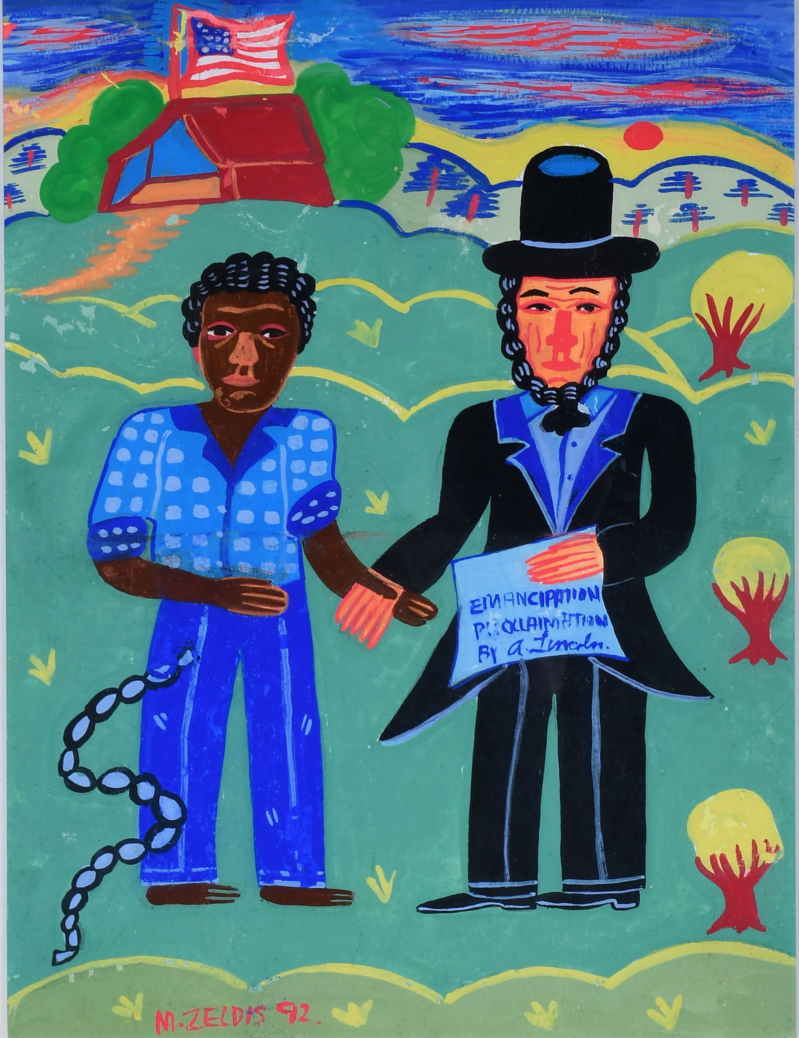 Malcah Zeldis. Abraham Lincoln and the Freed Slaves.: Malcah Zeldis. Abraham Lincoln and the Freed Slaves. 1992. Signed and dated. Paint on cardstock. Minor condition problems. Minor paint loss and some surface grime, overall good condition. Size with