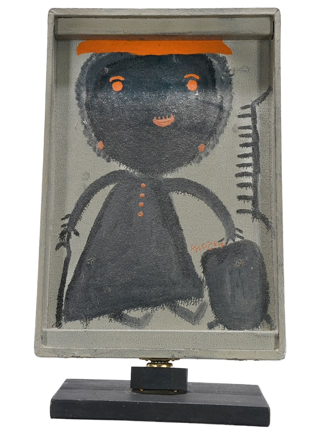 Mose Tolliver. Double-Sided Man and Woman.: Mose Tolliver. Double-Sided Man and Woman. Signed. Paint on found vinyl top. Good condition. 11" x 19" x 5". Est. $300-500. Ship: $55 Please Read Before You Bid: By registering for and/or placing