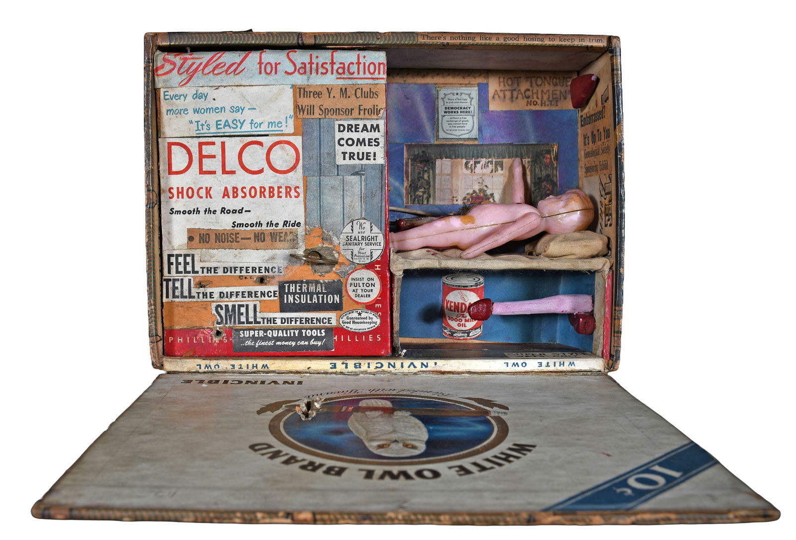 White Owl Brand Erotic Kinetic Cigar Box Diorama.: Anonymous. White Owl Brand Erotic Kinetic Cigar Box Diorama. c. 1930-40. Rare wind up erotic toy with decoupage double entendre sayings, plastic doll with mechanical penis and other mixed media.