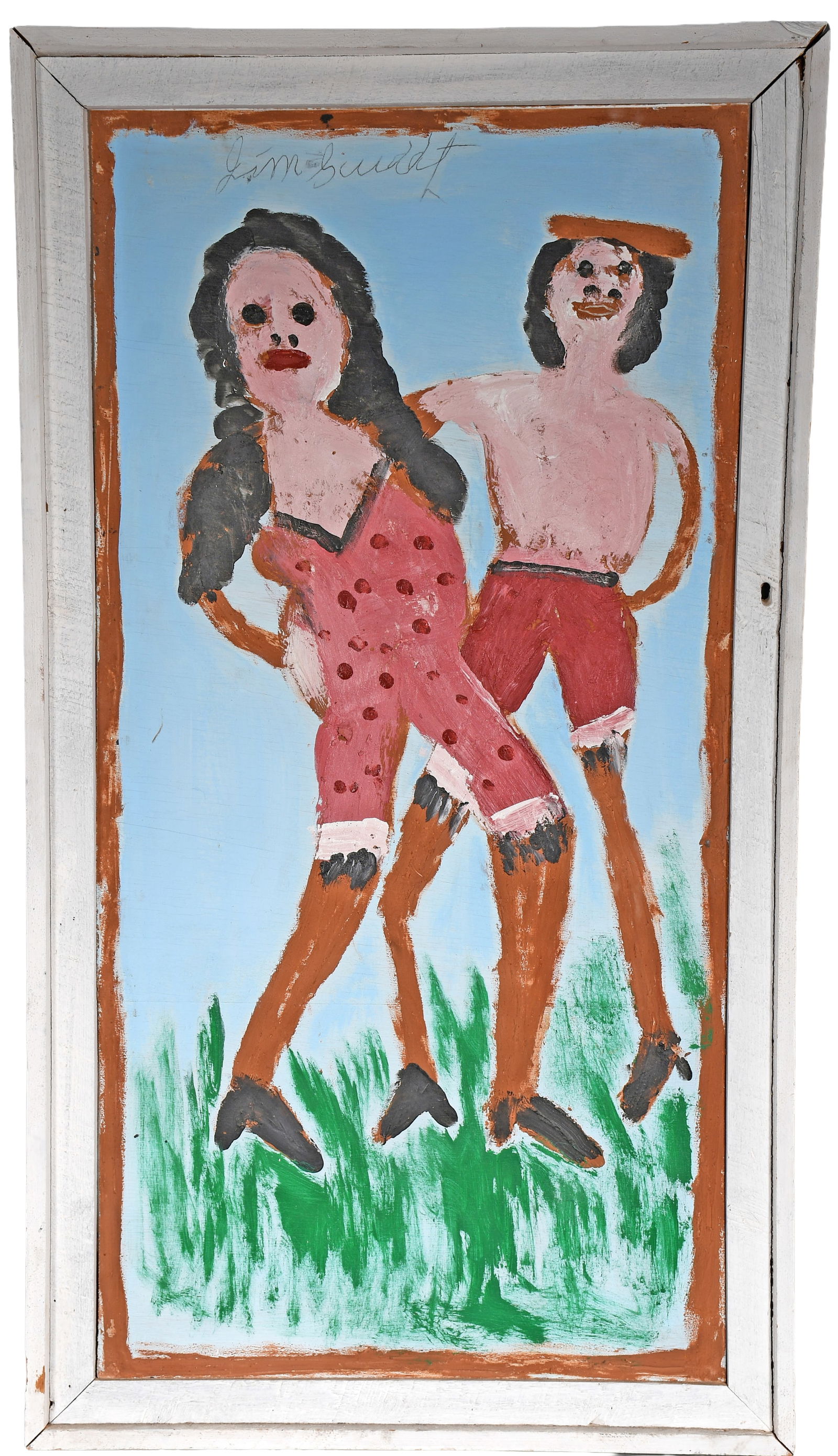 Jimmy Lee Sudduth. Couple.: Jimmy Lee Sudduth. Couple. Signed. Paint and mud on board. Minor scuffing of paint, otherwise good condition. 30" w x 53" h including frame. Est. $800-1,200. Buyer is responsible for shipping. 