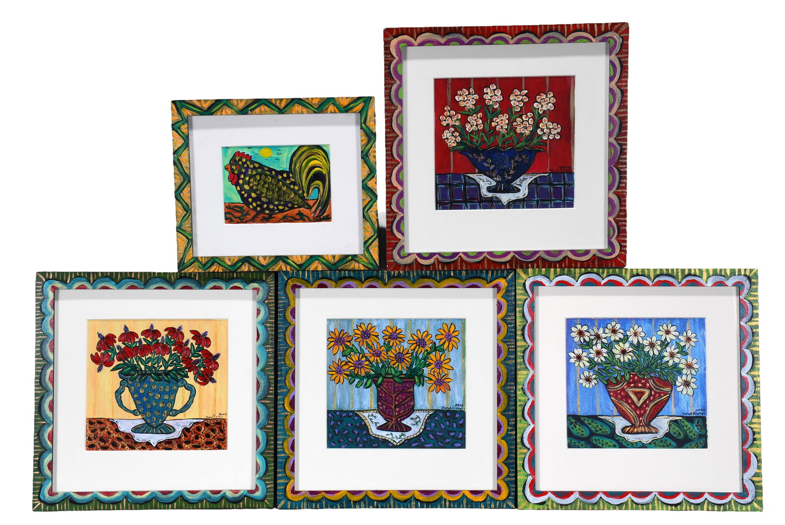 Sarah Rakes. Five Works.: Sarah Rakes. Five Works. 2004-2006. Signed and titled. Paint on paper with artist decorated frames. Excellent condition. Average size is 12" x 12" including frame. Est. $500-800. Ship: $75 Please Read