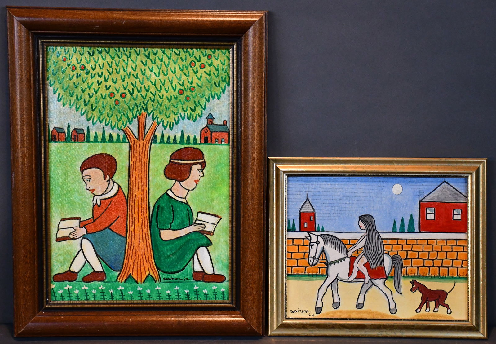 Jack Savitsky. School Days and Lady Godiva.: Jack Savitsky. School Days and Lady Godiva. 1964-1980. Signed, dated, and titled. Oil on canvas panels. Excellent condition. Largest with frame is 13" w x 17" h. Est. $200-300. Ship: $65 Please Read B