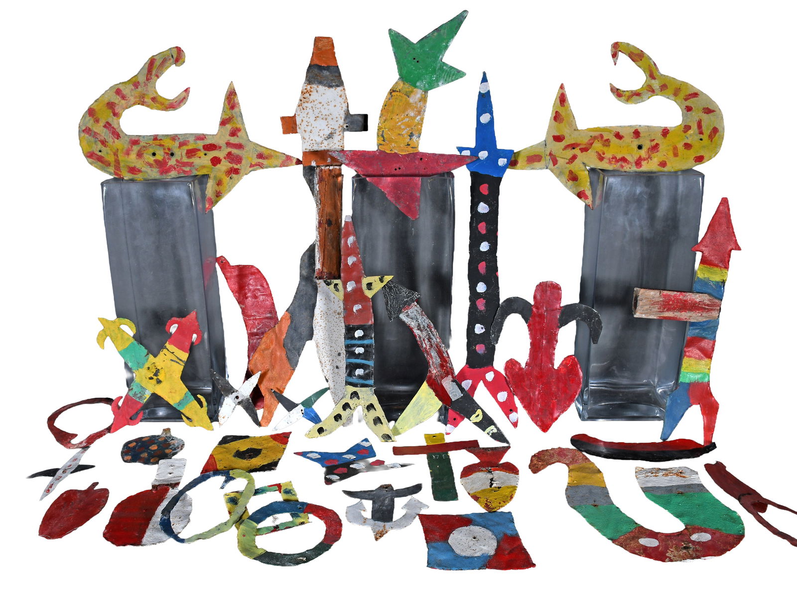 David Butler. Assorted Arrows and Shapes.: David Butler. Assorted Arrows and Shapes. Some are initialed. Approximately 20 pieces. Paint on tin with mixed media. Weathering, paint loss and rust. Overall fair to poor environmental condition.