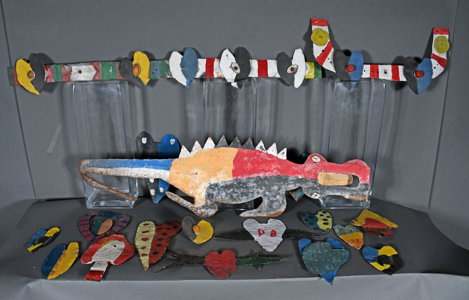 David Butler. Alligator and Assorted Hearts.: David Butler. Alligator and Assorted Hearts. Some are initialed. Approximately 15 works. Paint on tin and mixed media. Weathering, paint loss and rust. Overall fair to poor environmental condition.