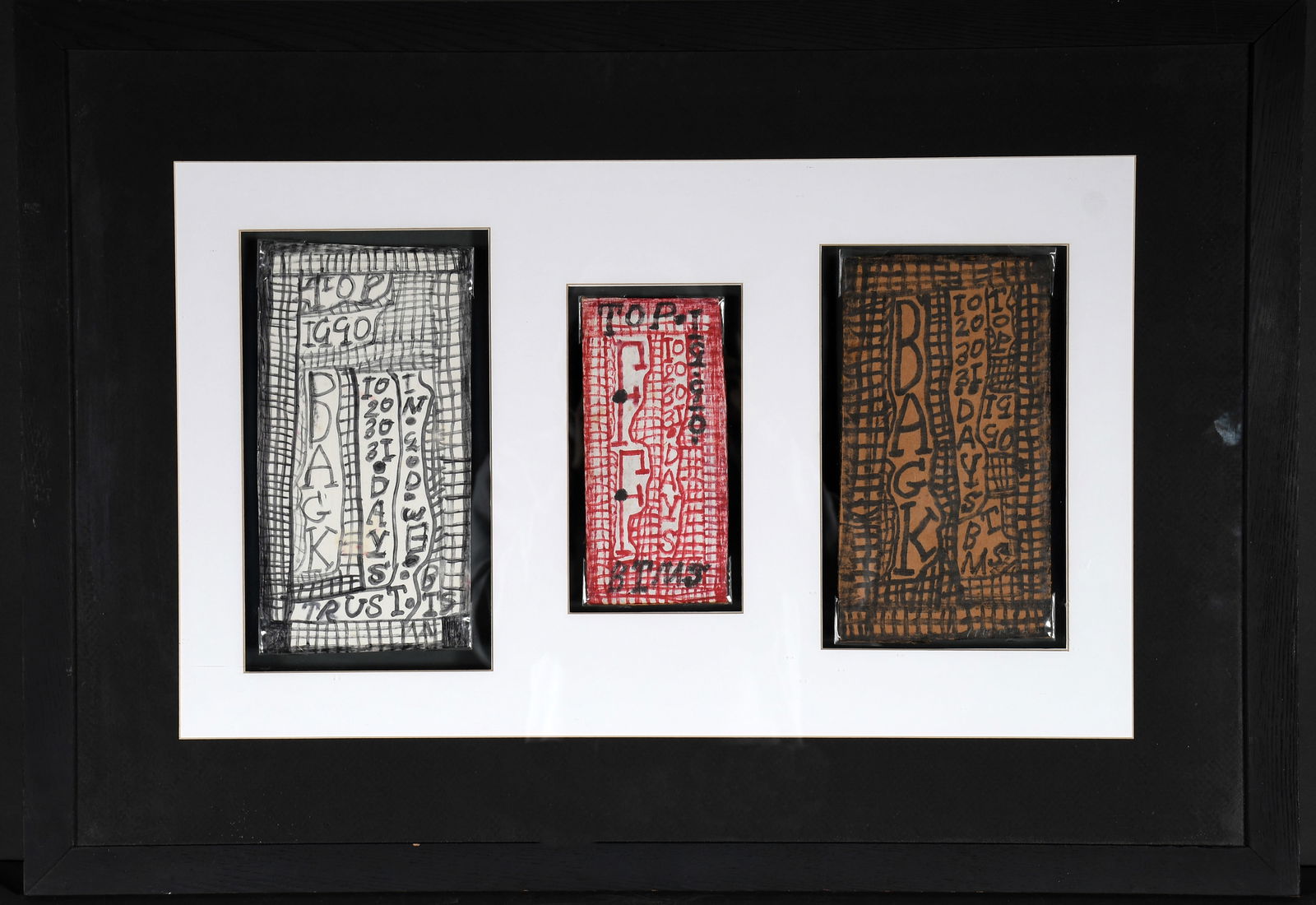 Z.B. Armstrong. Three Double-Sided Calendars Framed Together.: Z.B. Armstrong. Three Double-Sided Calendars Framed Together. 1990. Dated. Marker on found cardboard. Great condition. Size with double-sided frame is 32" w x 22" h. Est. $300-500. Ship: $150 