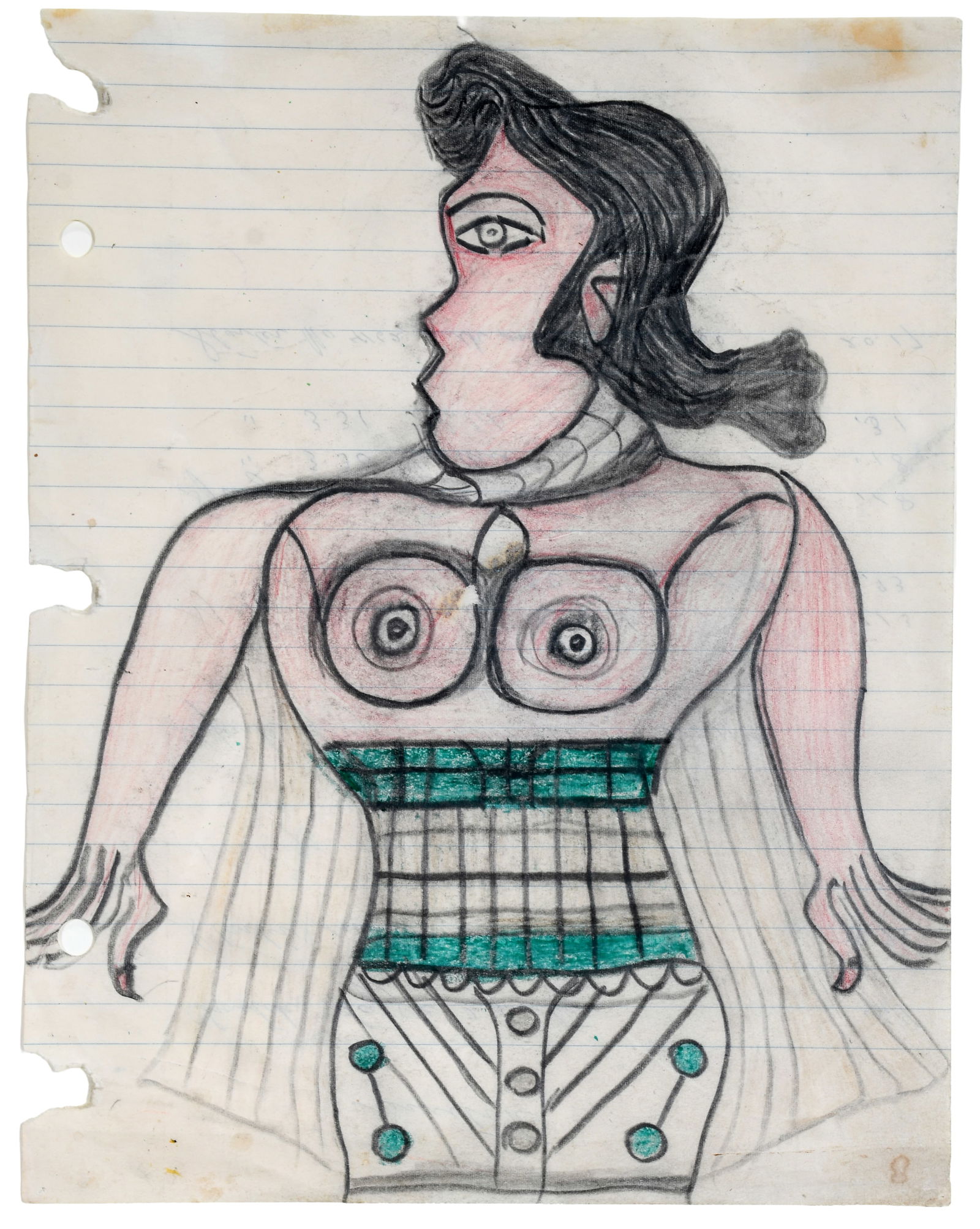 Henry Speller. Erotic Portrait.: Henry Speller. Erotic Portrait. c. 1975. Colored pencil and graphite on notebook paper. Tears and staining, otherwise good condition. Size with frame is 15" w x 18" h. Est. $100-300. Ship: $45 