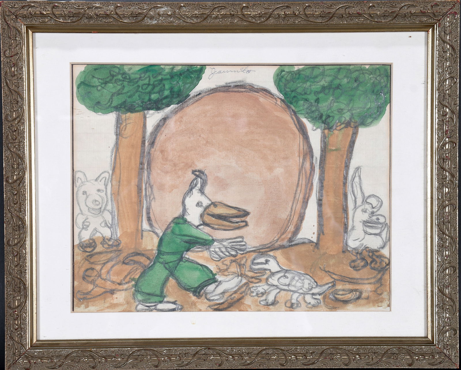 Juanita Rogers. Duck and Friends.: Juanita Rogers. Duck and Friends. Signed. Paint and graphite on paper. Great condition. 15.5" w x 12.5" h including frame. Est. $100-200. Ship: $45 Please Read Before You Bid: By registering for