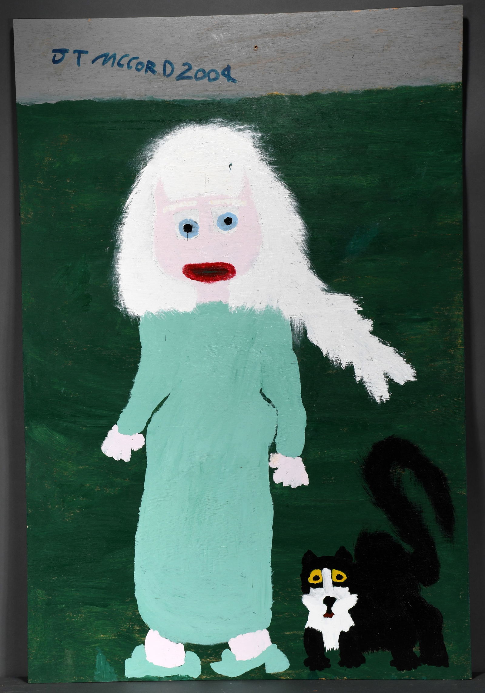 Jake McCord. Lonely Cat Lady.: Jake McCord. Lonely Cat Lady. Signed and dated. Paint on board. Original nail hole from hanging, otherwise excellent condition. 32" w x 48" h. Est. $500-800. Ship: $350 Please Read Before You Bid: 