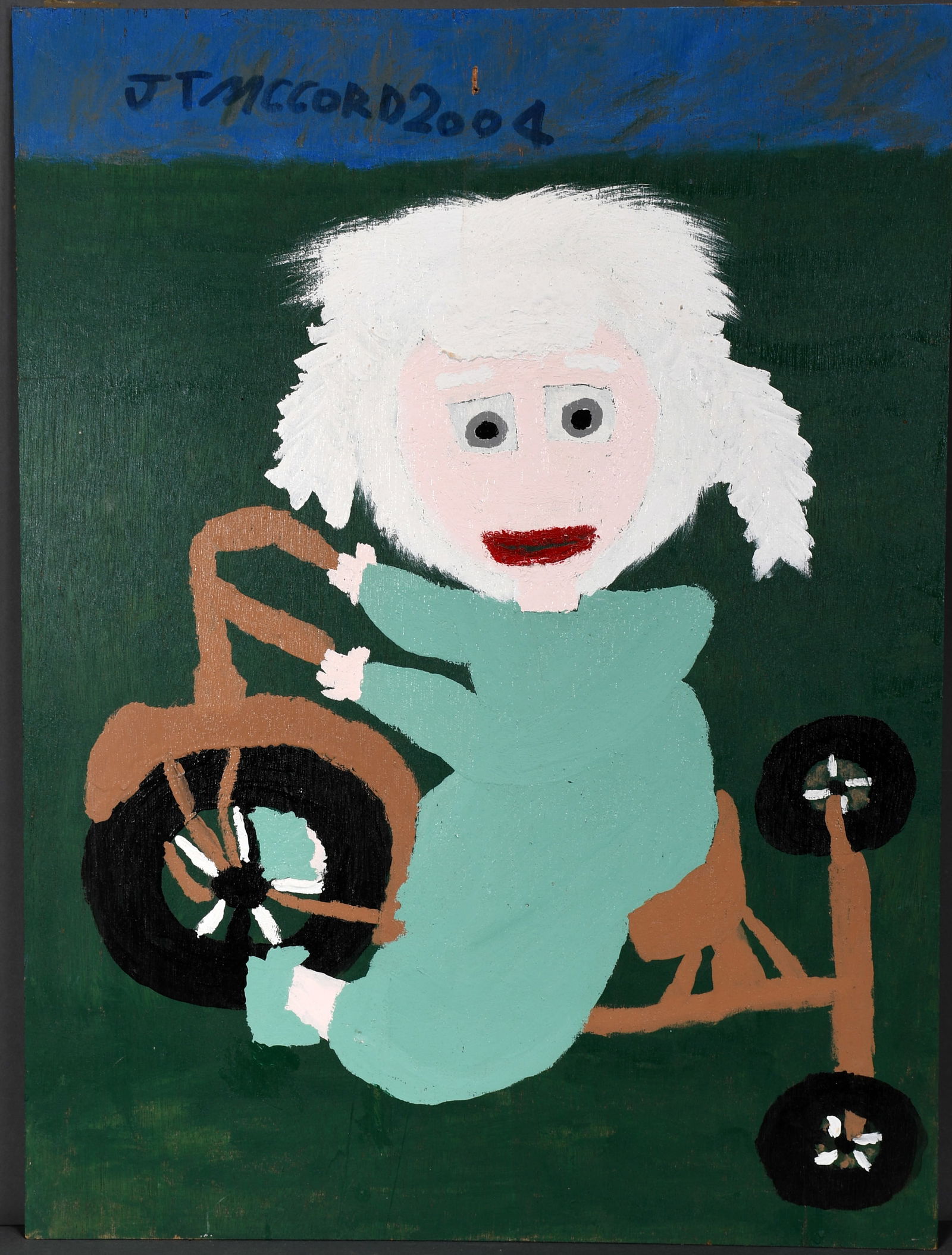 Jake McCord. Girl on Tricycle.: Jake McCord. Girl on Tricycle. 2004. Signed and dated. Paint on board. Original nail hole from hanging, otherwise excellent condition. 24" w x 32" h. Est. $300-500. Ship: $85 Please Read Before You