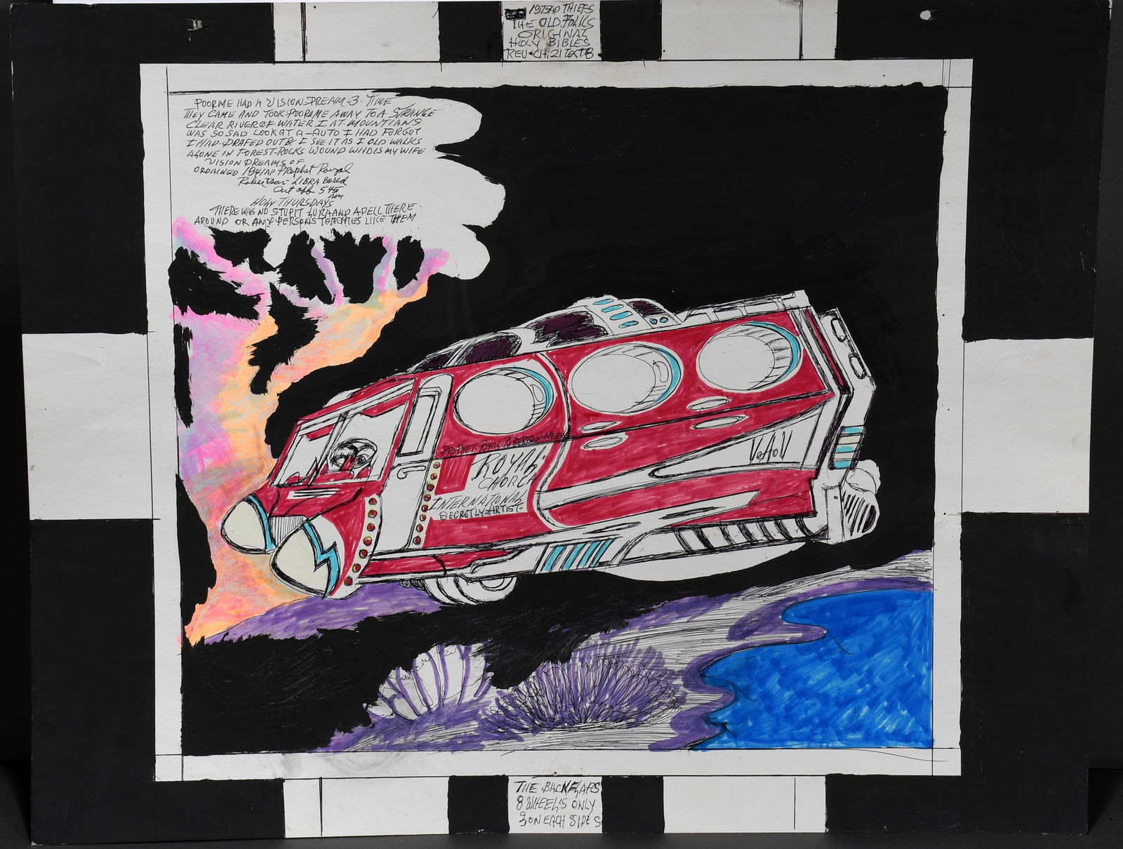 Prophet Royal Robertson. Eight Wheel Vehicle Sketch on verso.: Prophet Royal Robertson. Eight Wheel Vehicle/ Sketch on verso. c. 1990. Signed and titled. Paint, marker, and ink on poster. Pinholes from original hanging, otherwise great condition. 28" w x 22" h.